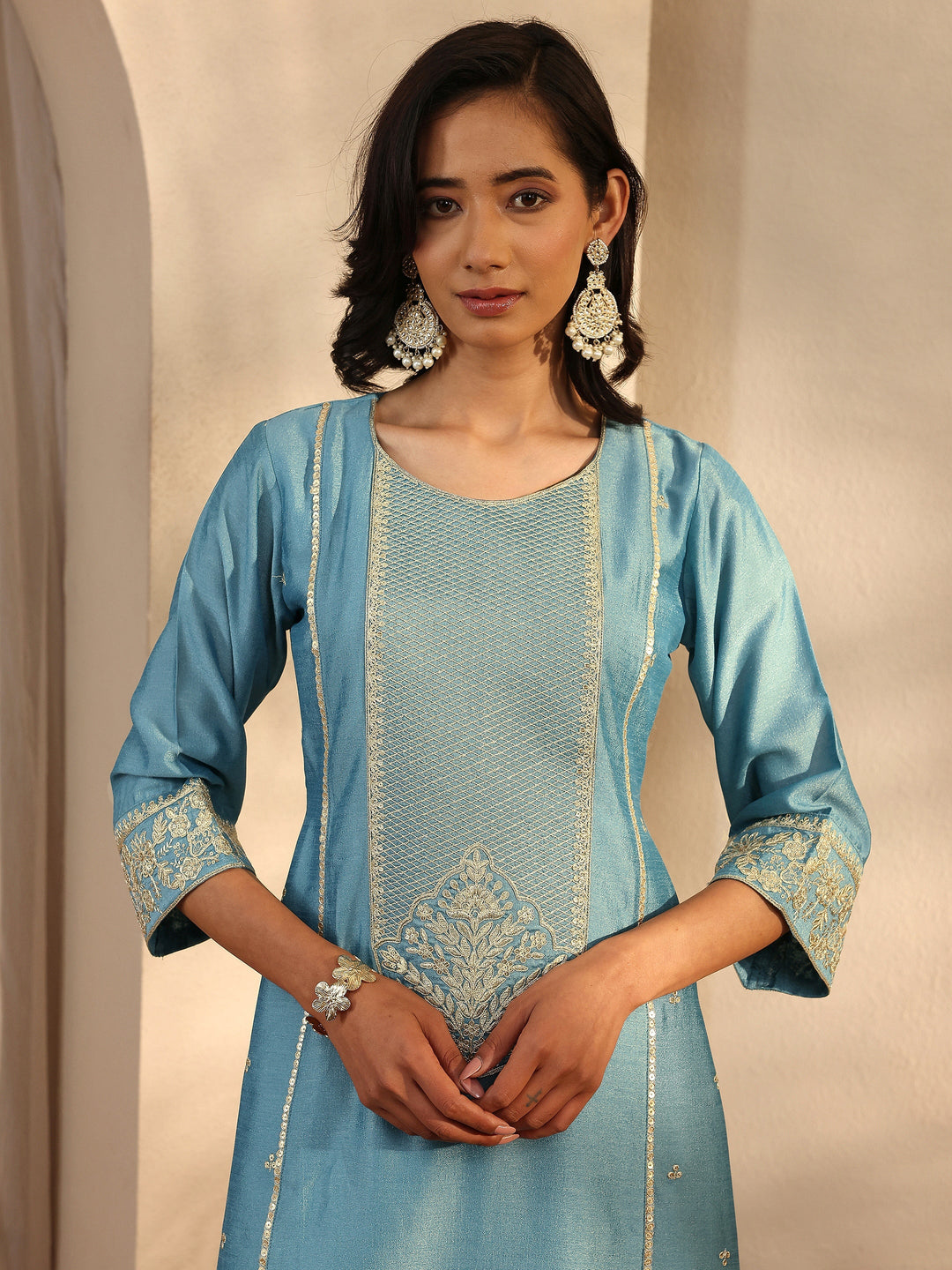  Blue Embroidered Silk Blend Straight Suit Set With Dupatta 