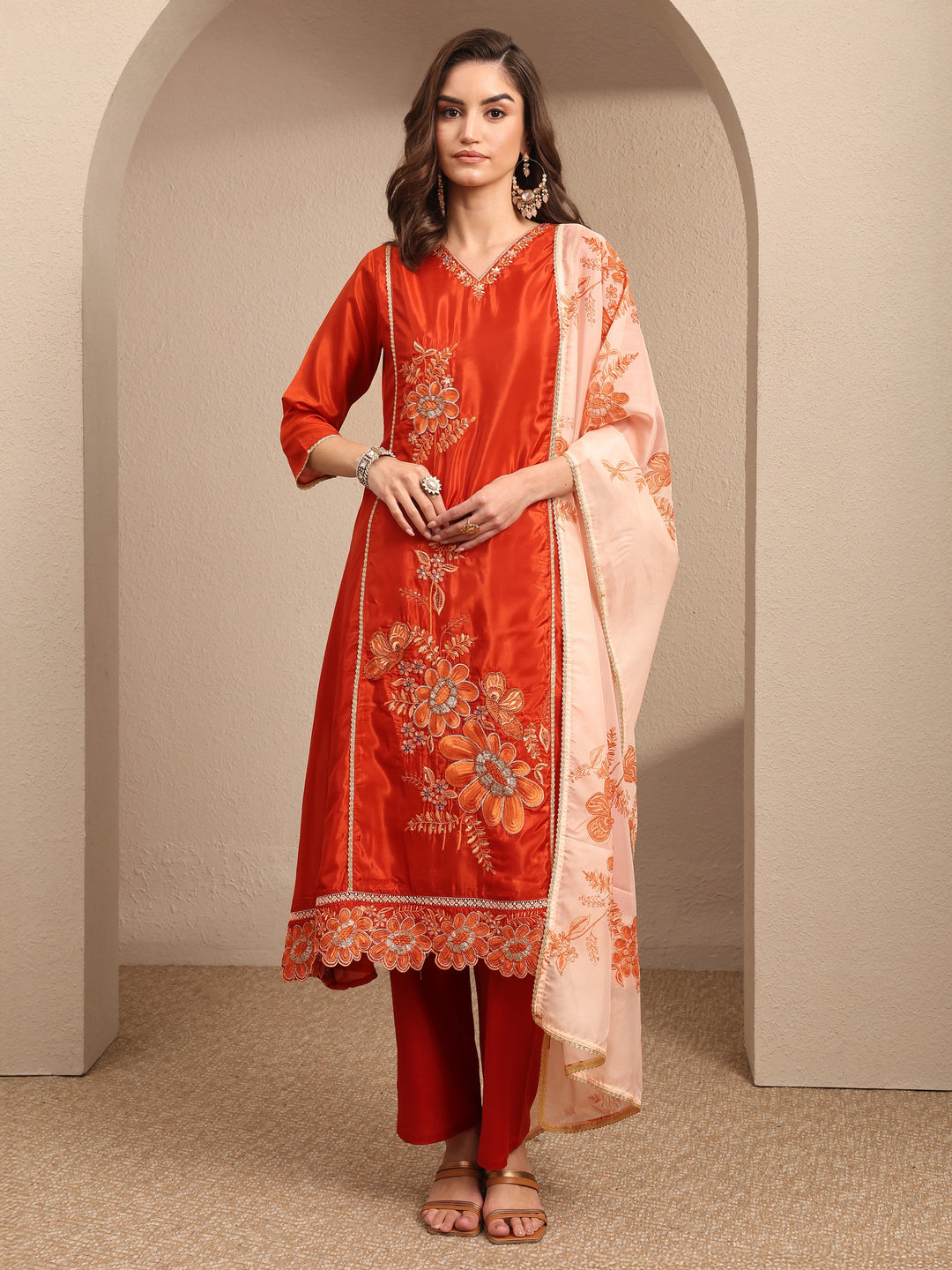  Orange Embroidered Crepe A-line Suit Set With Dupatta 