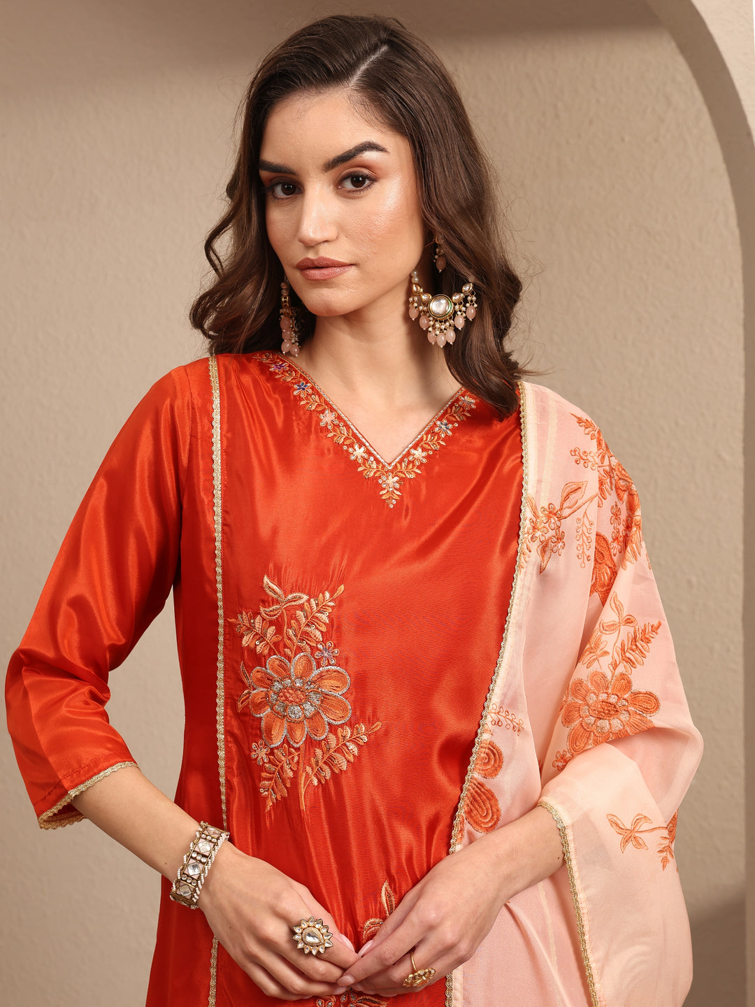  Orange Embroidered Crepe A-line Suit Set With Dupatta 
