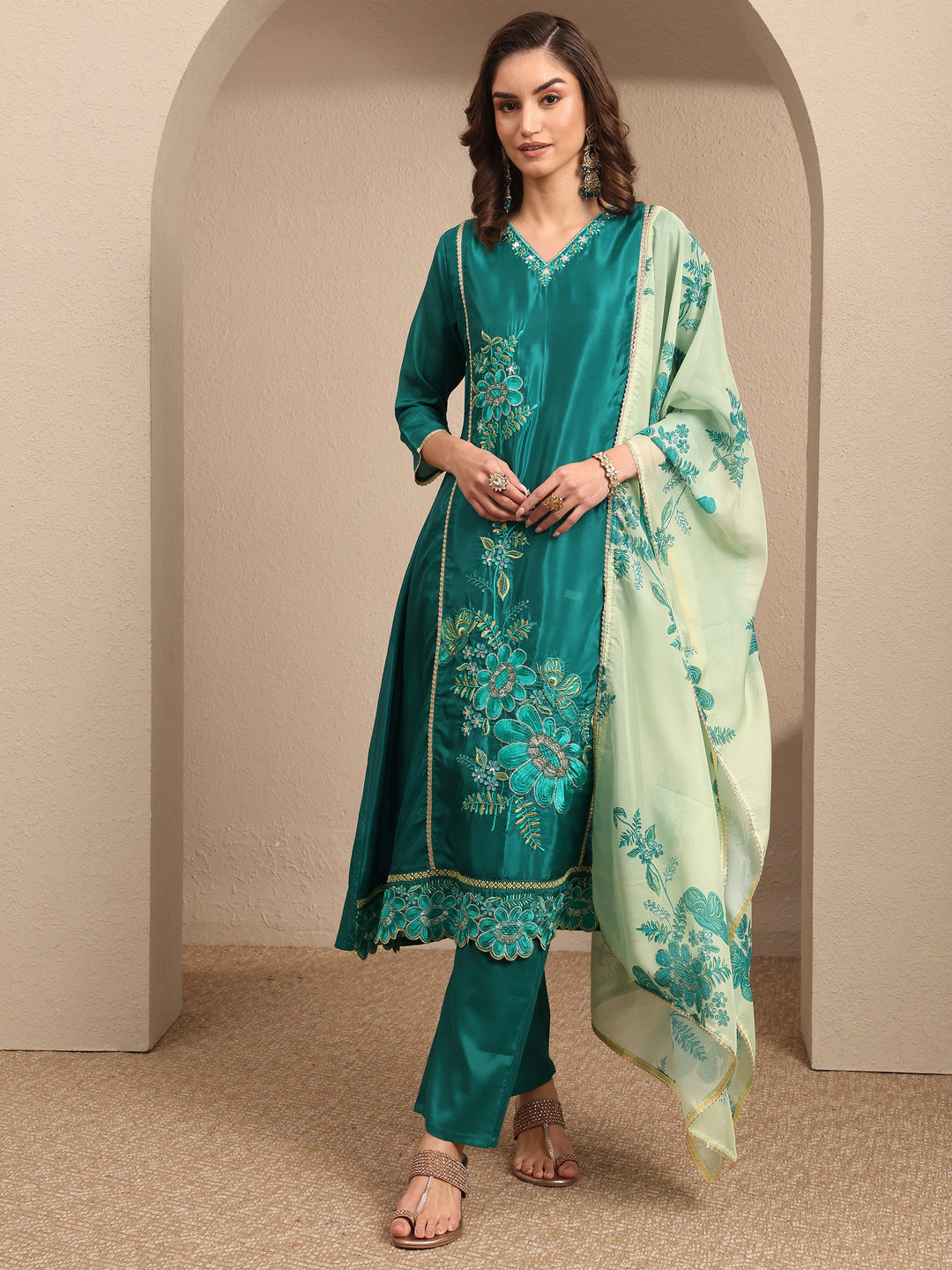  Green Embroidered Crepe A-line Suit Set With Dupatta 