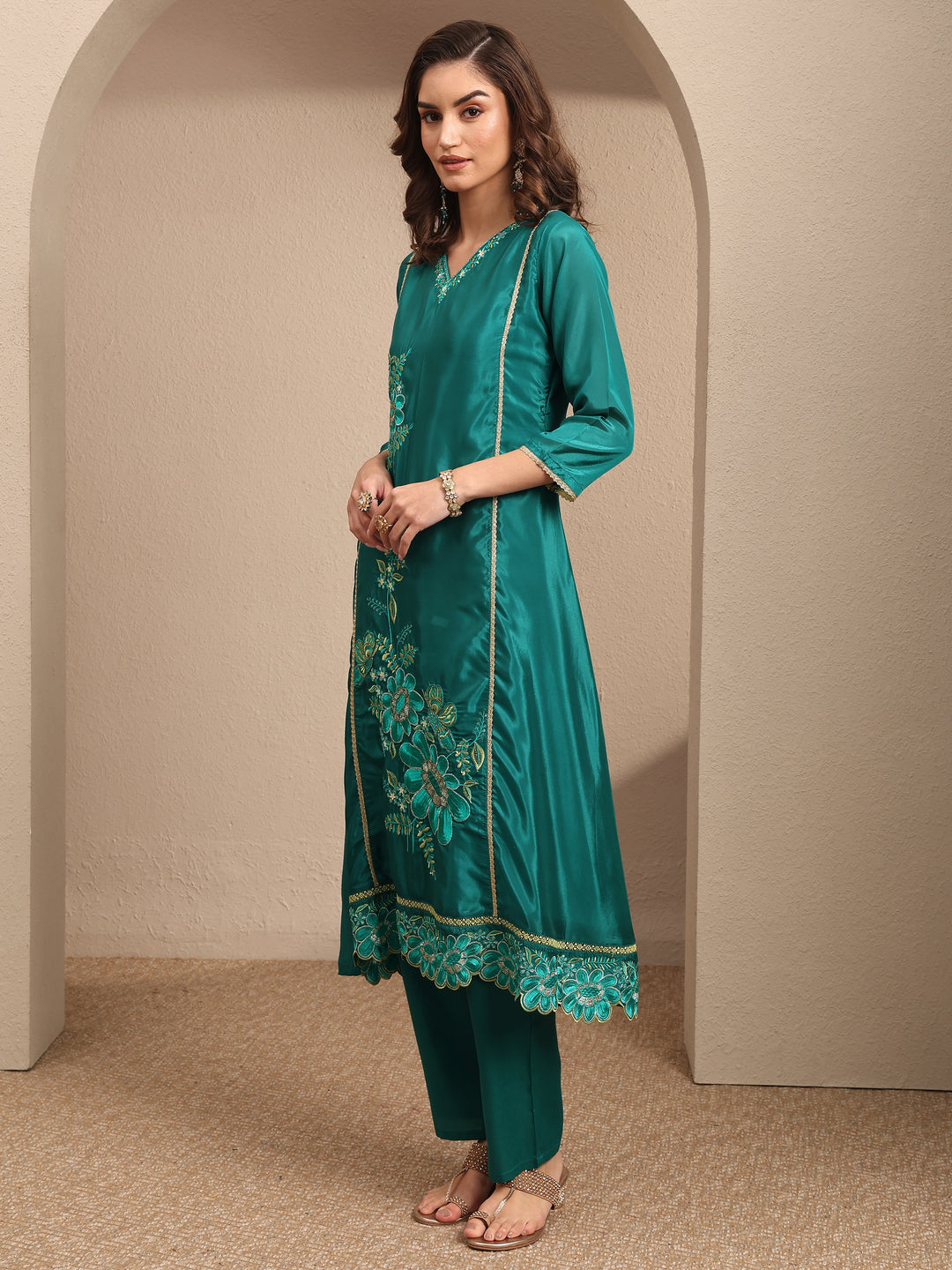  Green Embroidered Crepe A-line Suit Set With Dupatta 