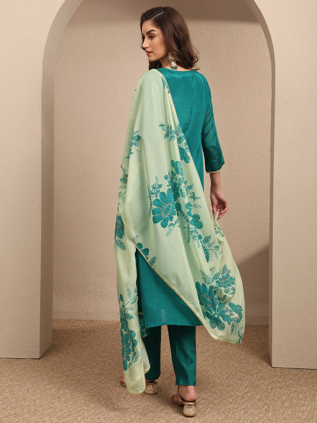  Green Embroidered Crepe A-line Suit Set With Dupatta 