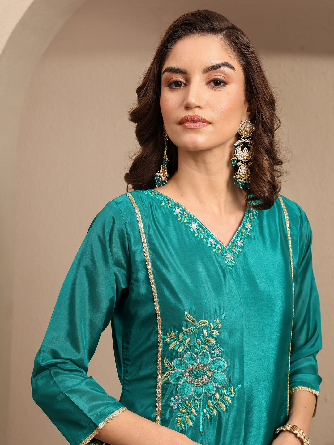  Green Embroidered Crepe A-line Suit Set With Dupatta 