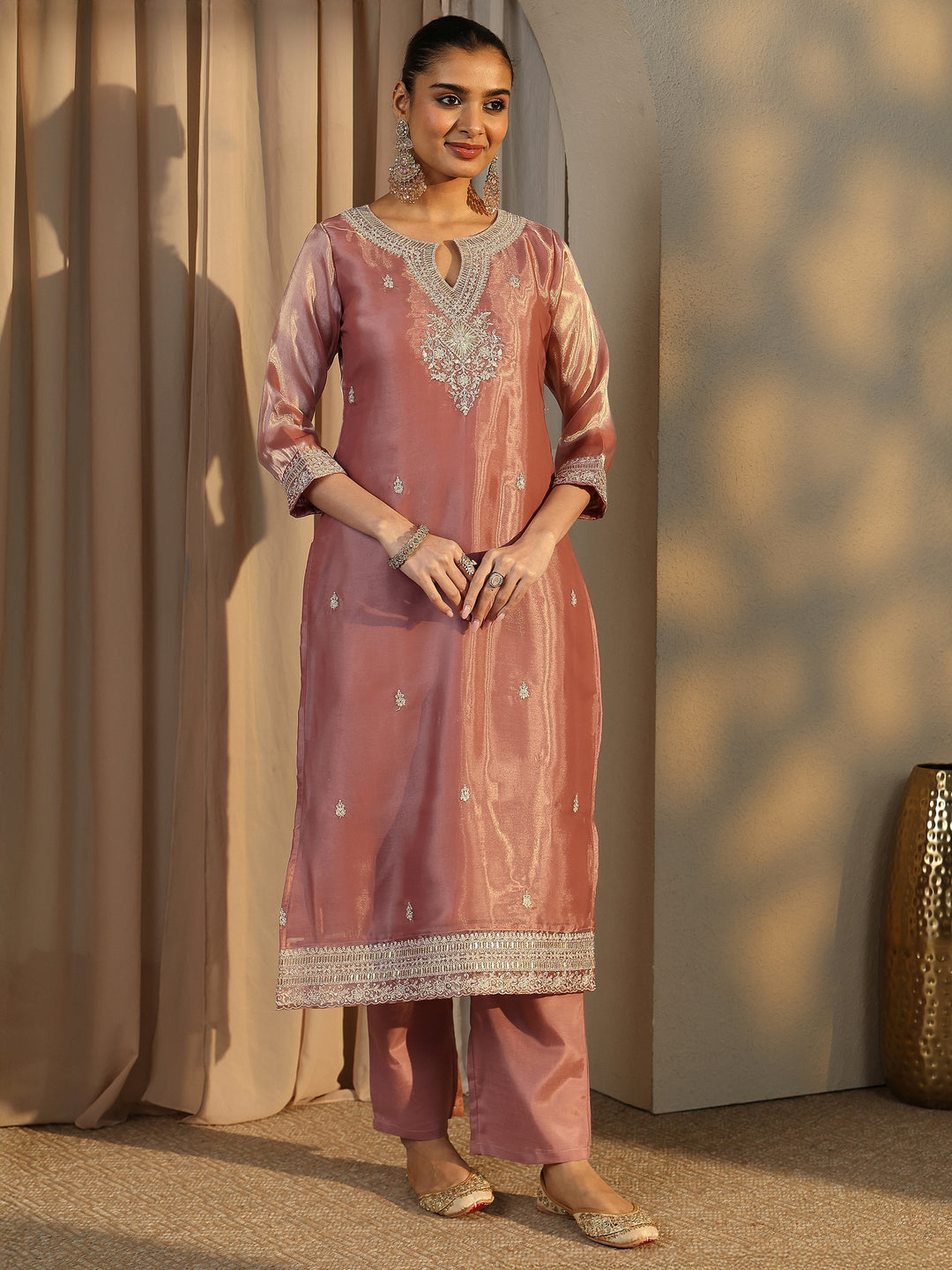  Pink Embroidered Organza Straight Suit Set With Dupatta 
