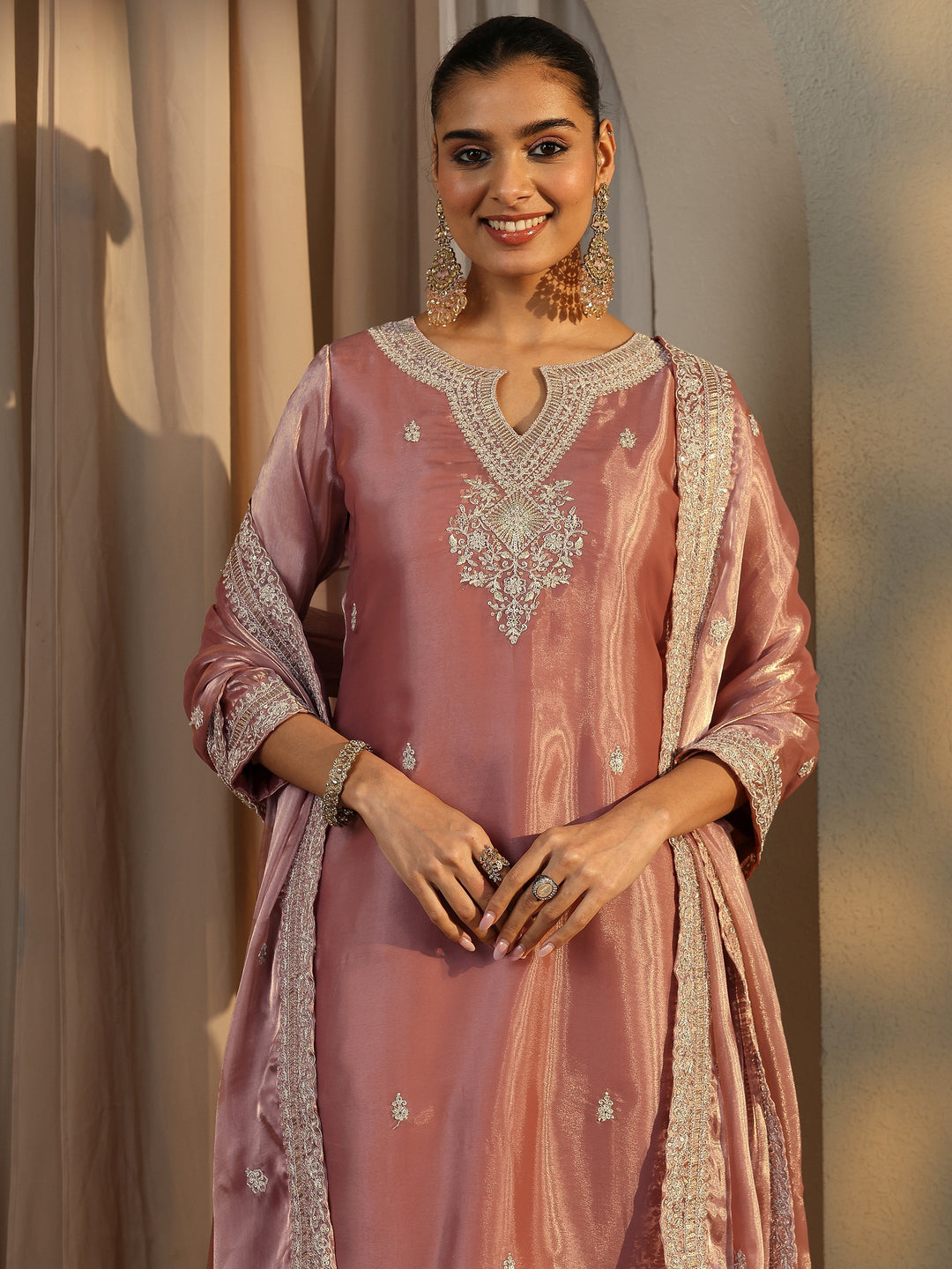  Pink Embroidered Organza Straight Suit Set With Dupatta 