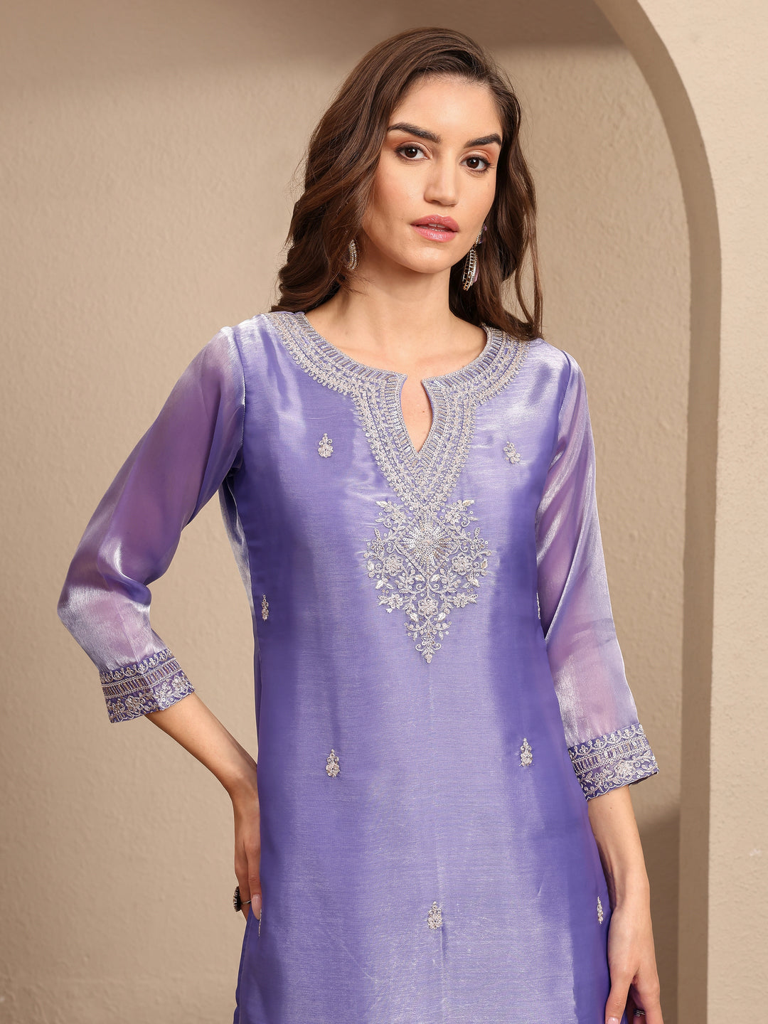  Lavender Embroidered Organza Straight Suit Set With Dupatta 
