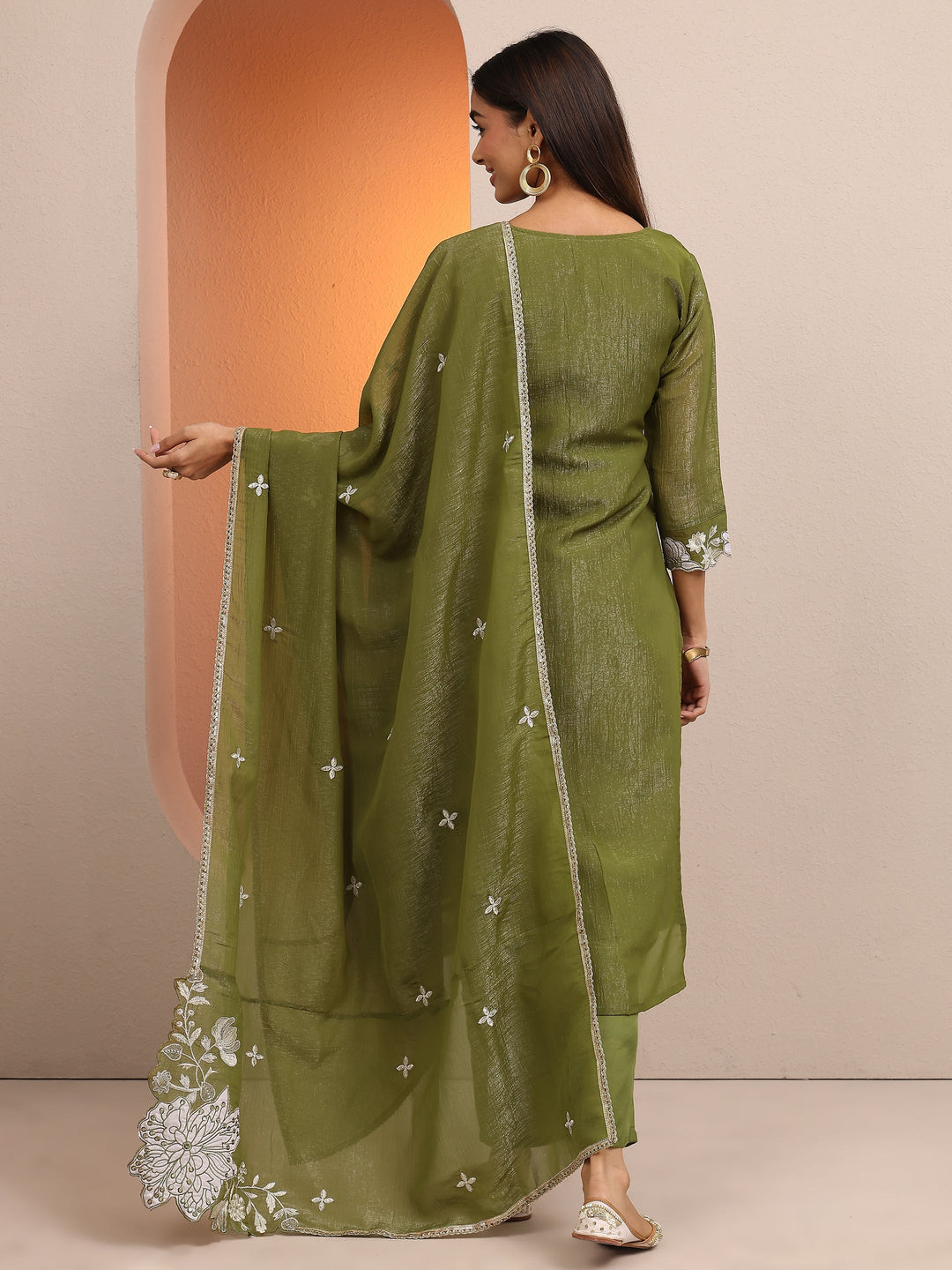  Green Embroidered Chinon Straight Suit Set With Dupatta 