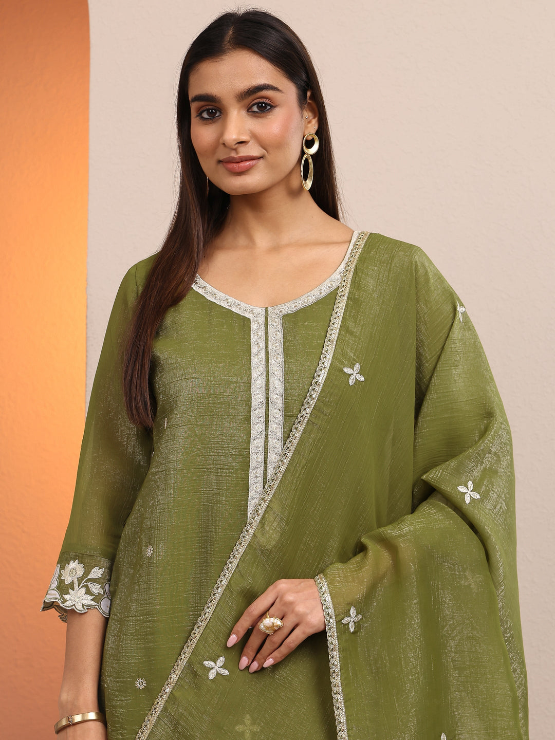  Green Embroidered Chinon Straight Suit Set With Dupatta 