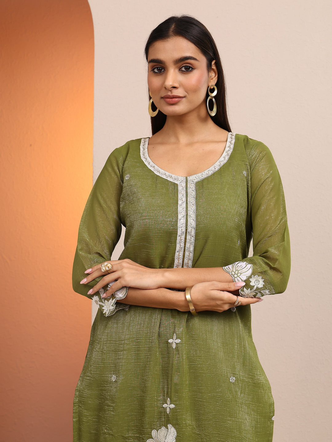  Green Embroidered Chinon Straight Suit Set With Dupatta 