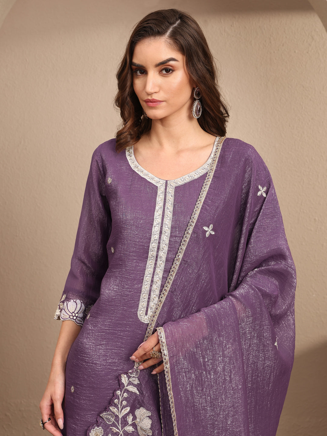  Purple Embroidered Chinon Straight Suit Set With Dupatta 