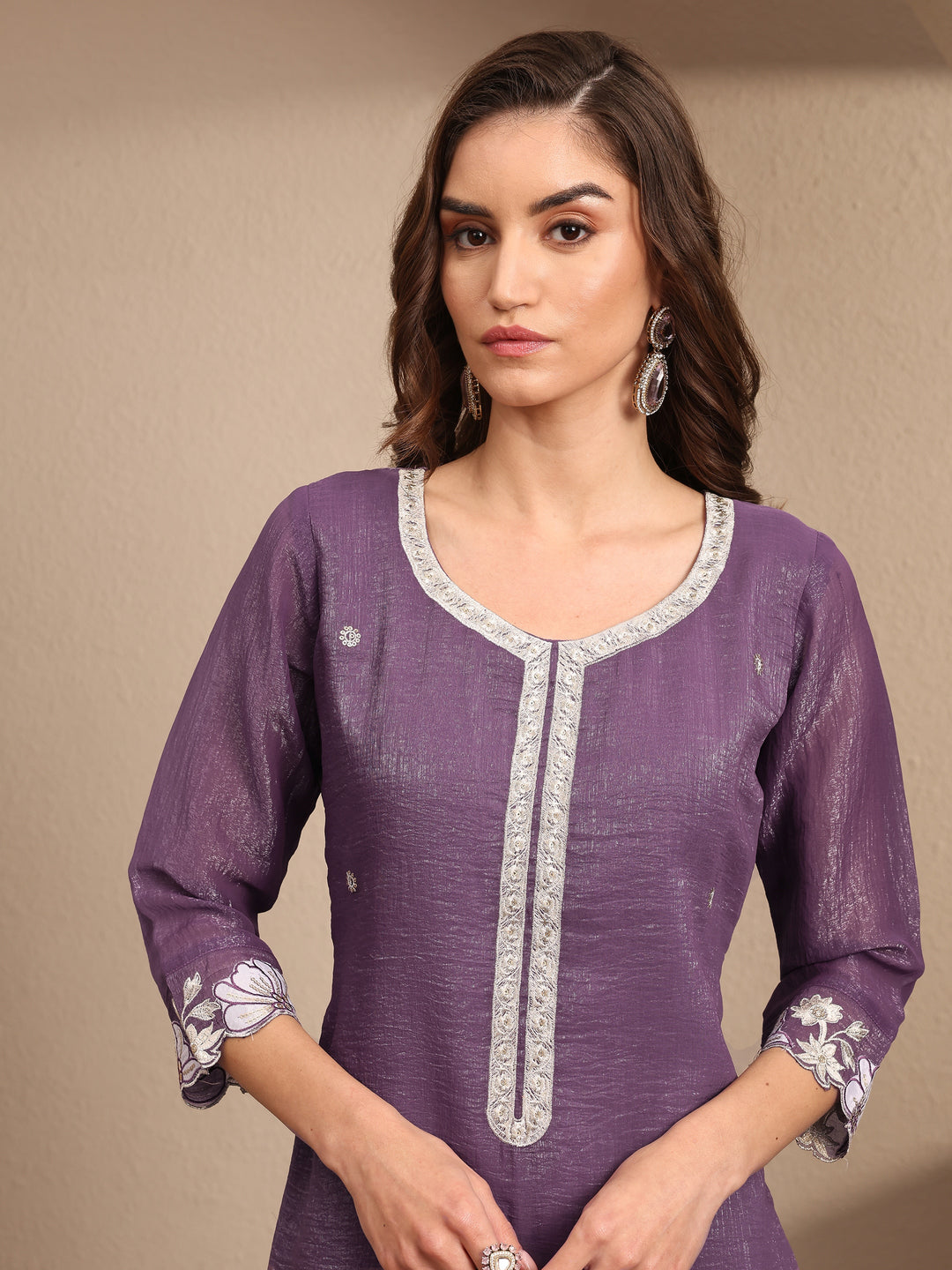  Purple Embroidered Chinon Straight Suit Set With Dupatta 