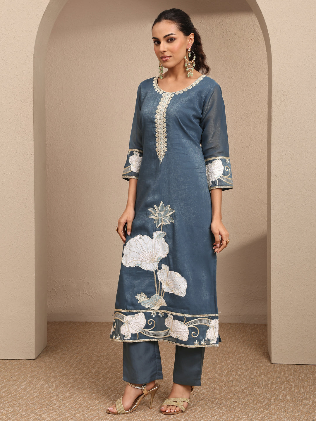  Blue Embroidered Chinon Straight Suit Set With Dupatta 