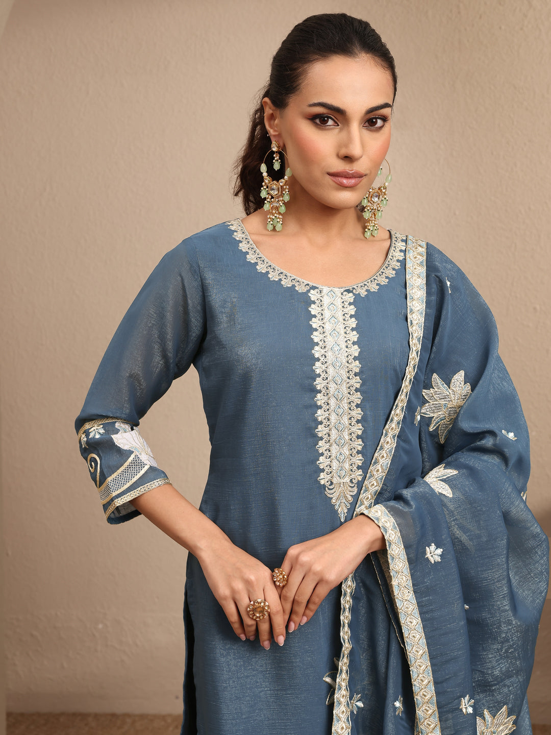  Blue Embroidered Chinon Straight Suit Set With Dupatta 