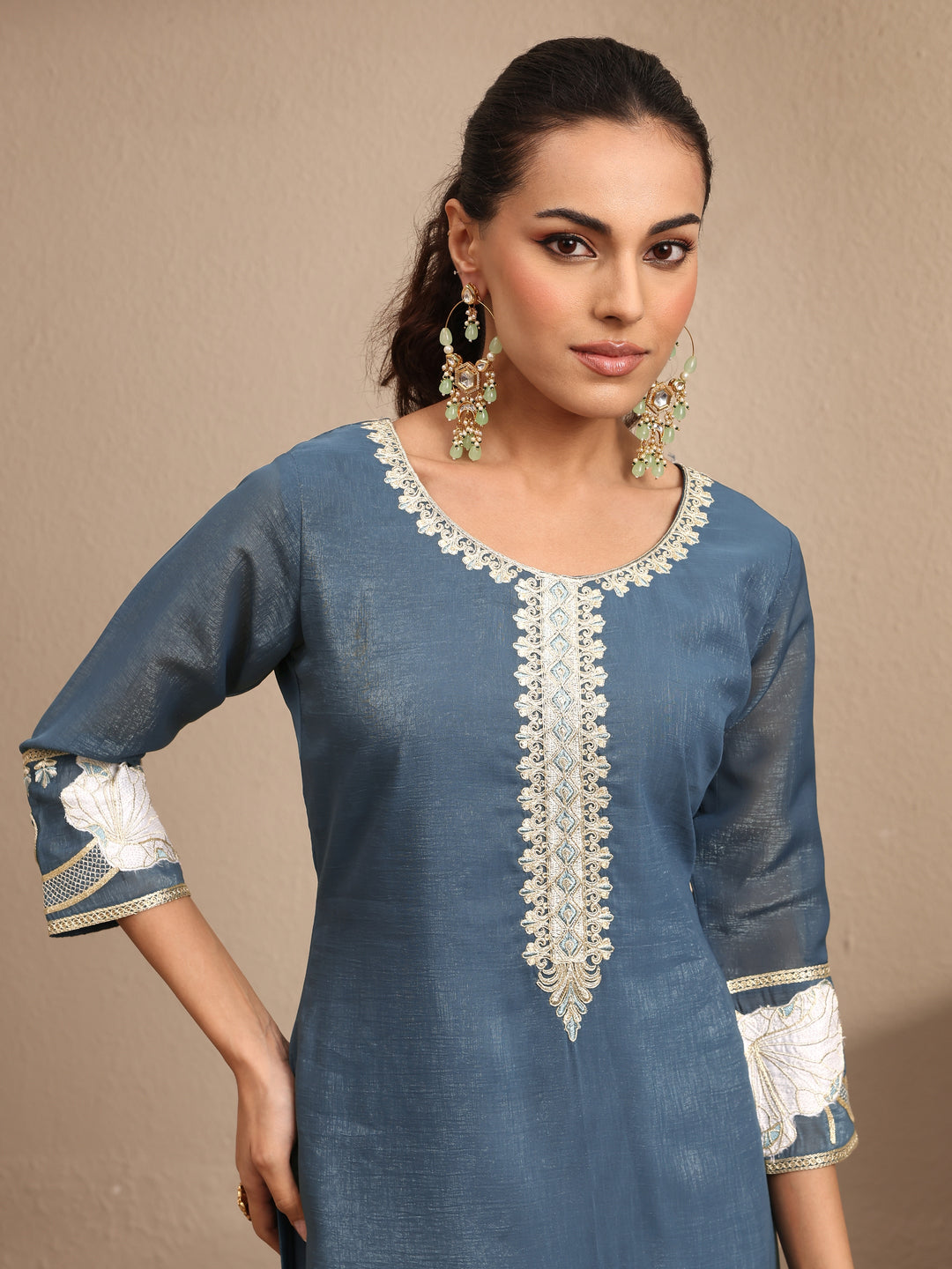  Blue Embroidered Chinon Straight Suit Set With Dupatta 