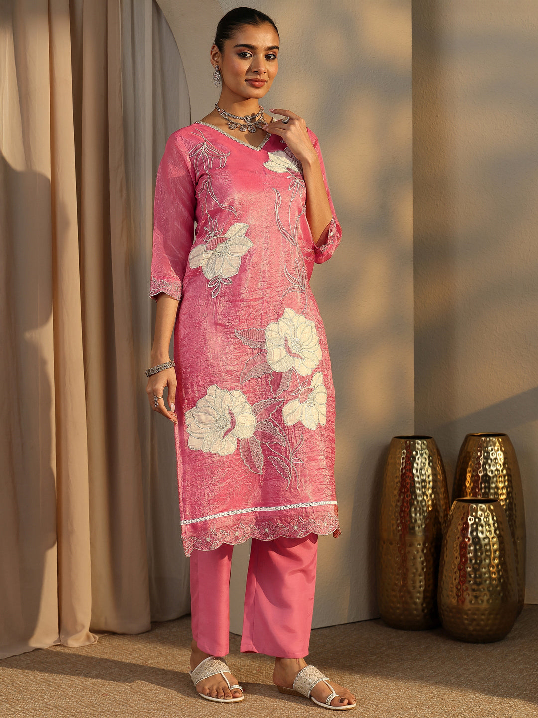  Pink Embroidered Organza Straight Suit Set With Dupatta 