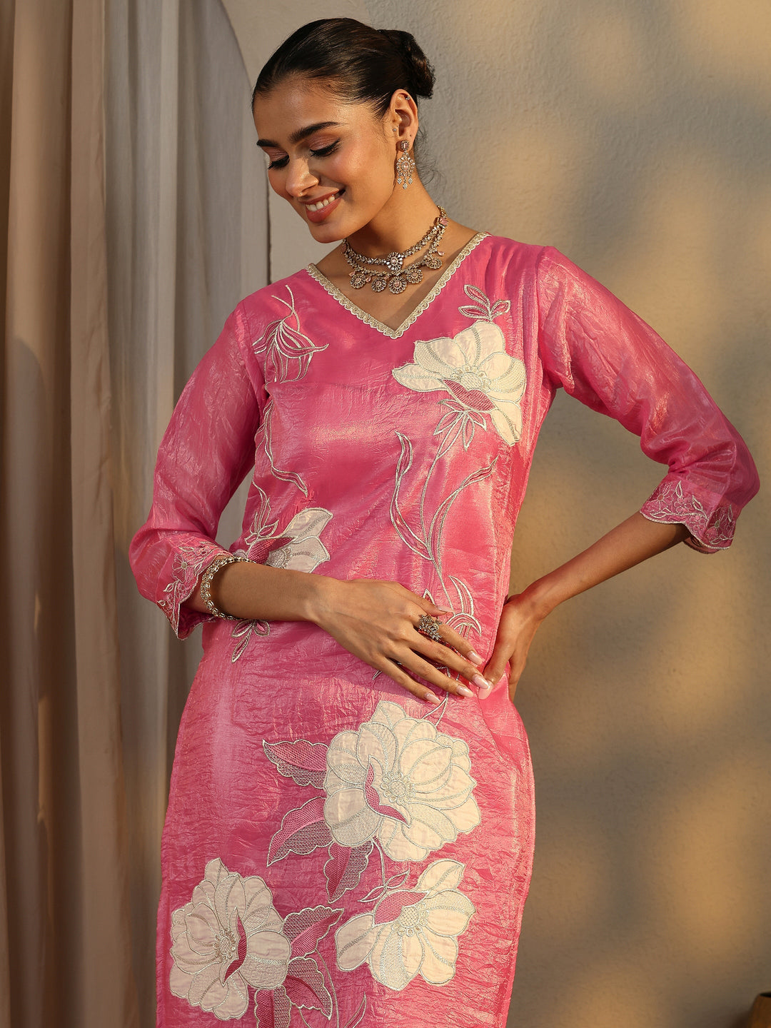  Pink Embroidered Organza Straight Suit Set With Dupatta 