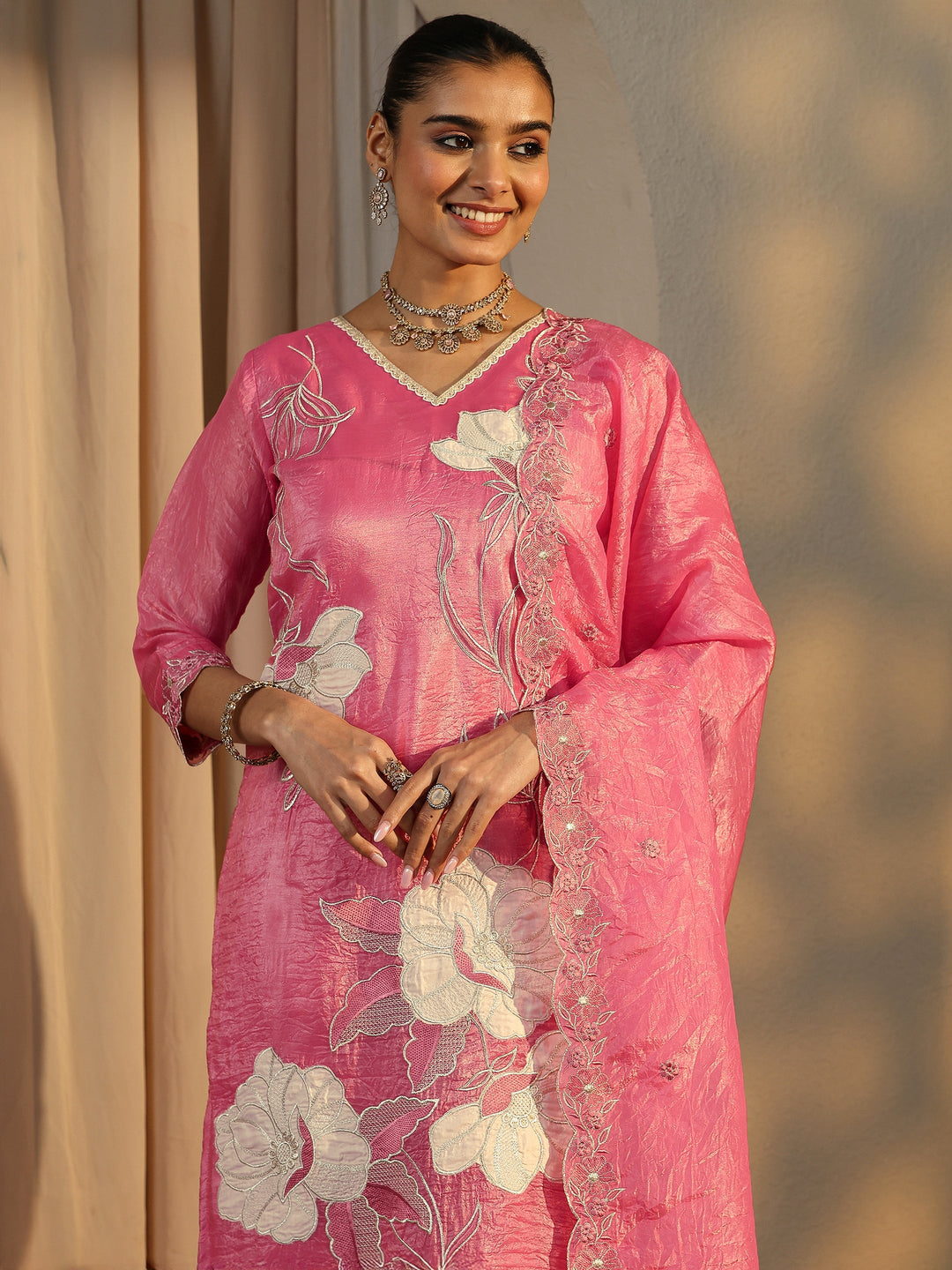  Pink Embroidered Organza Straight Suit Set With Dupatta 