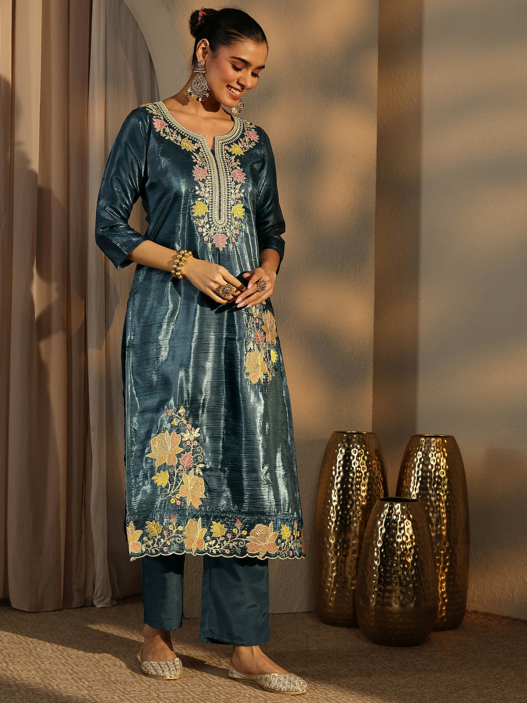  Teal Embroidered Organza Straight Suit Set With Dupatta 