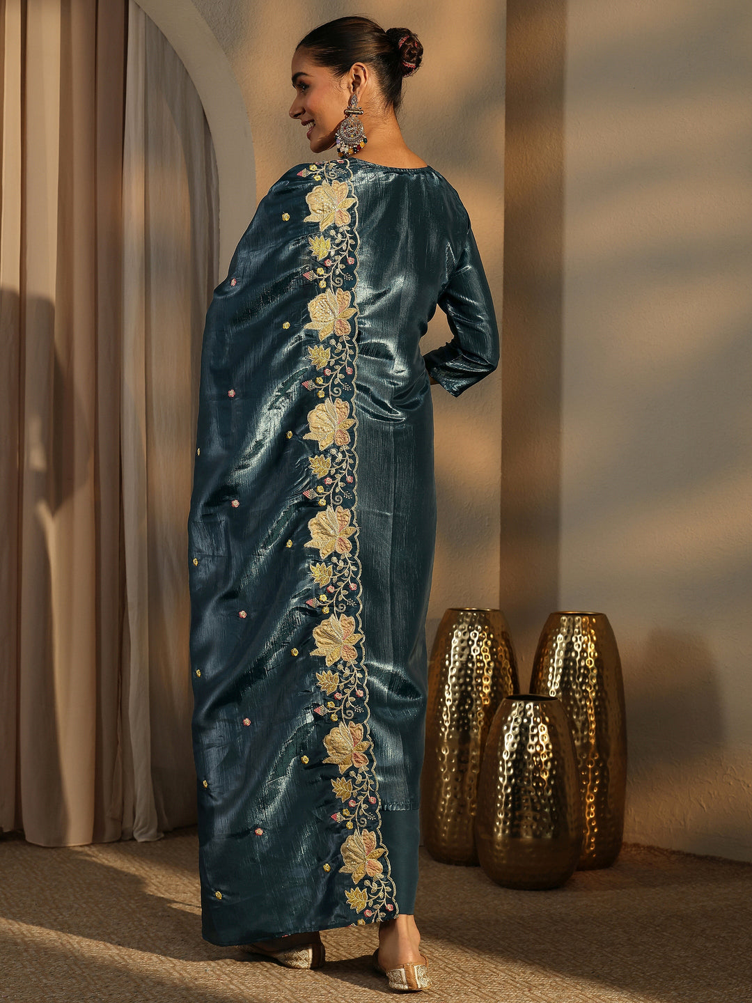  Teal Embroidered Organza Straight Suit Set With Dupatta 