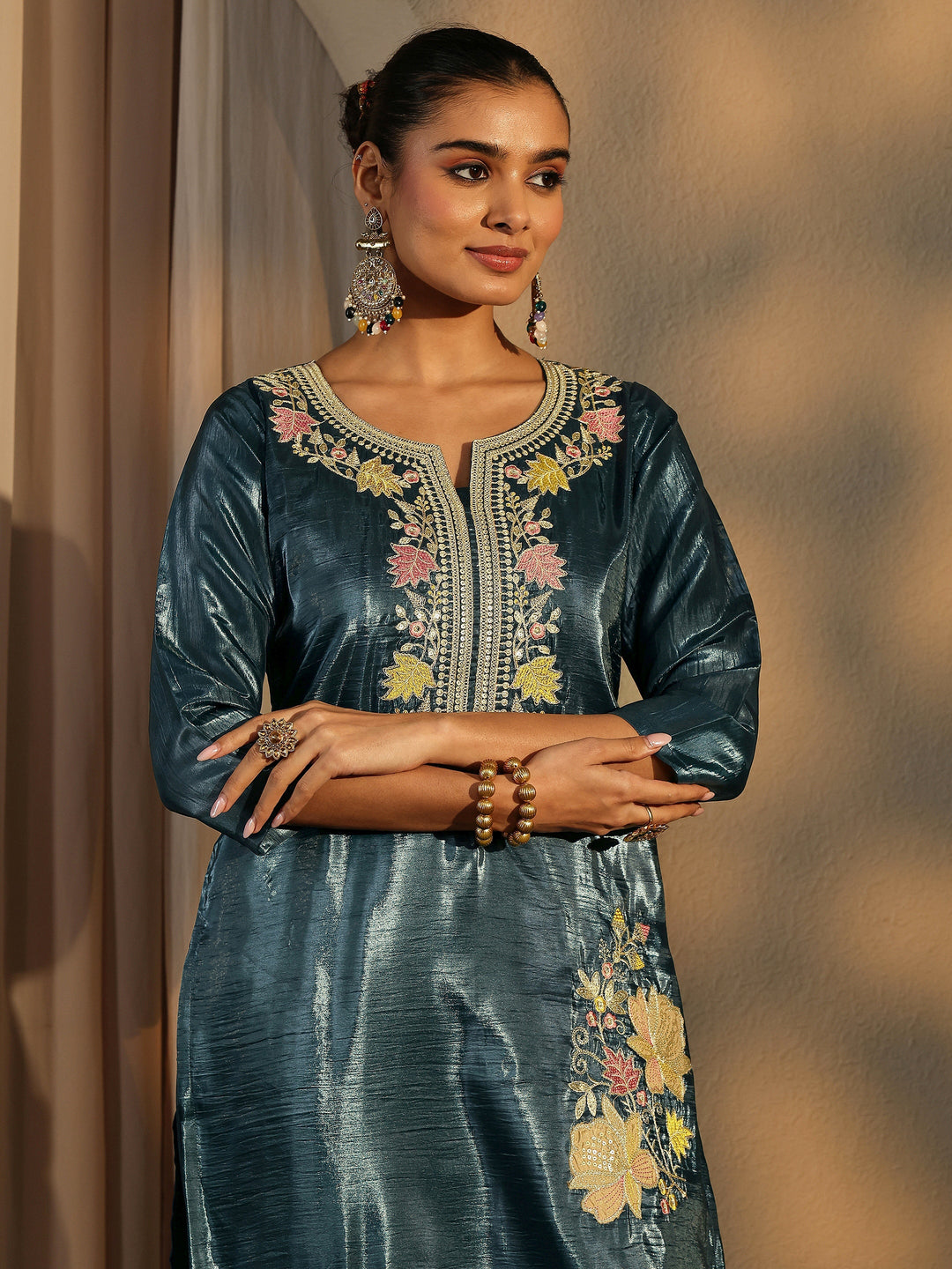  Teal Embroidered Organza Straight Suit Set With Dupatta 