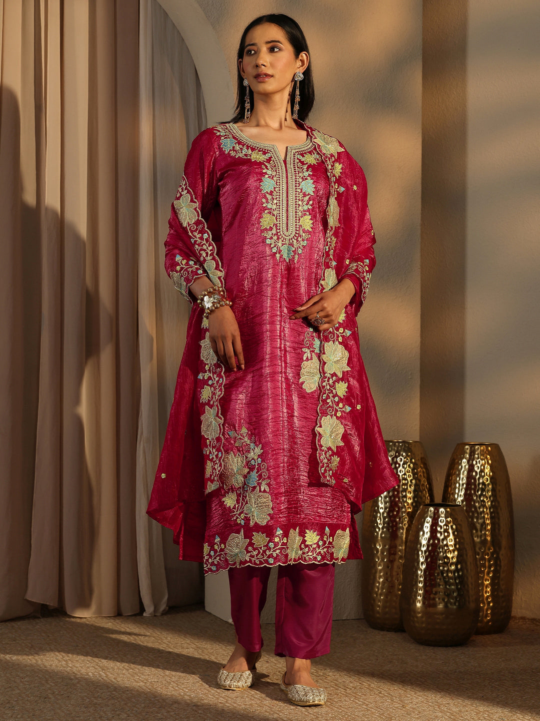  Pink Embroidered Organza Straight Suit Set With Dupatta 