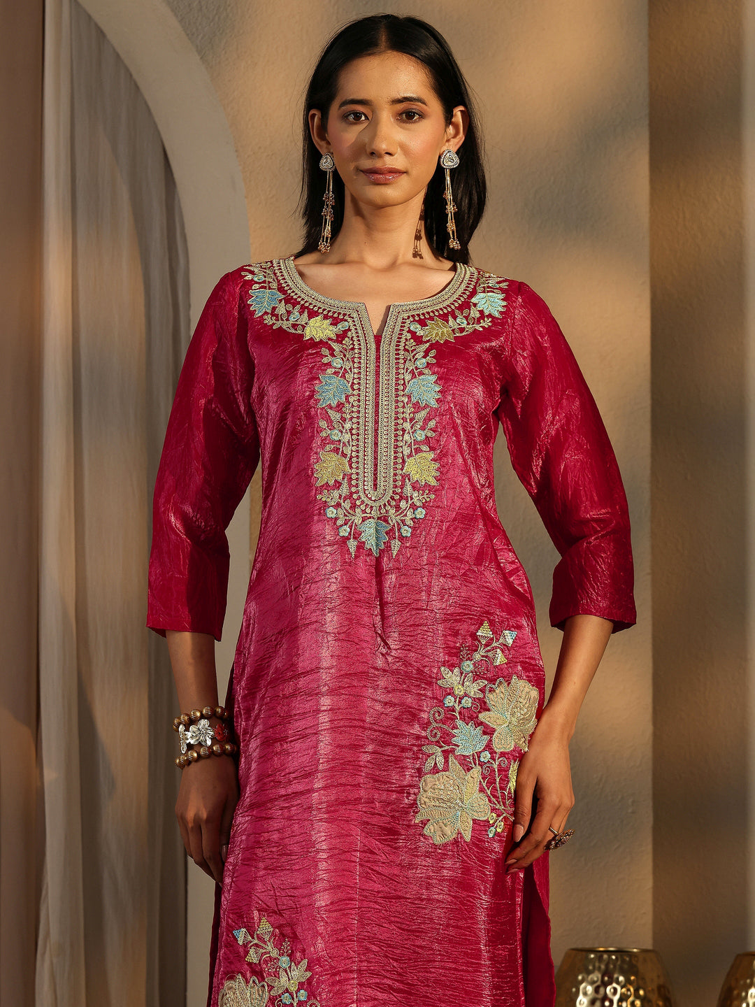  Pink Embroidered Organza Straight Suit Set With Dupatta 