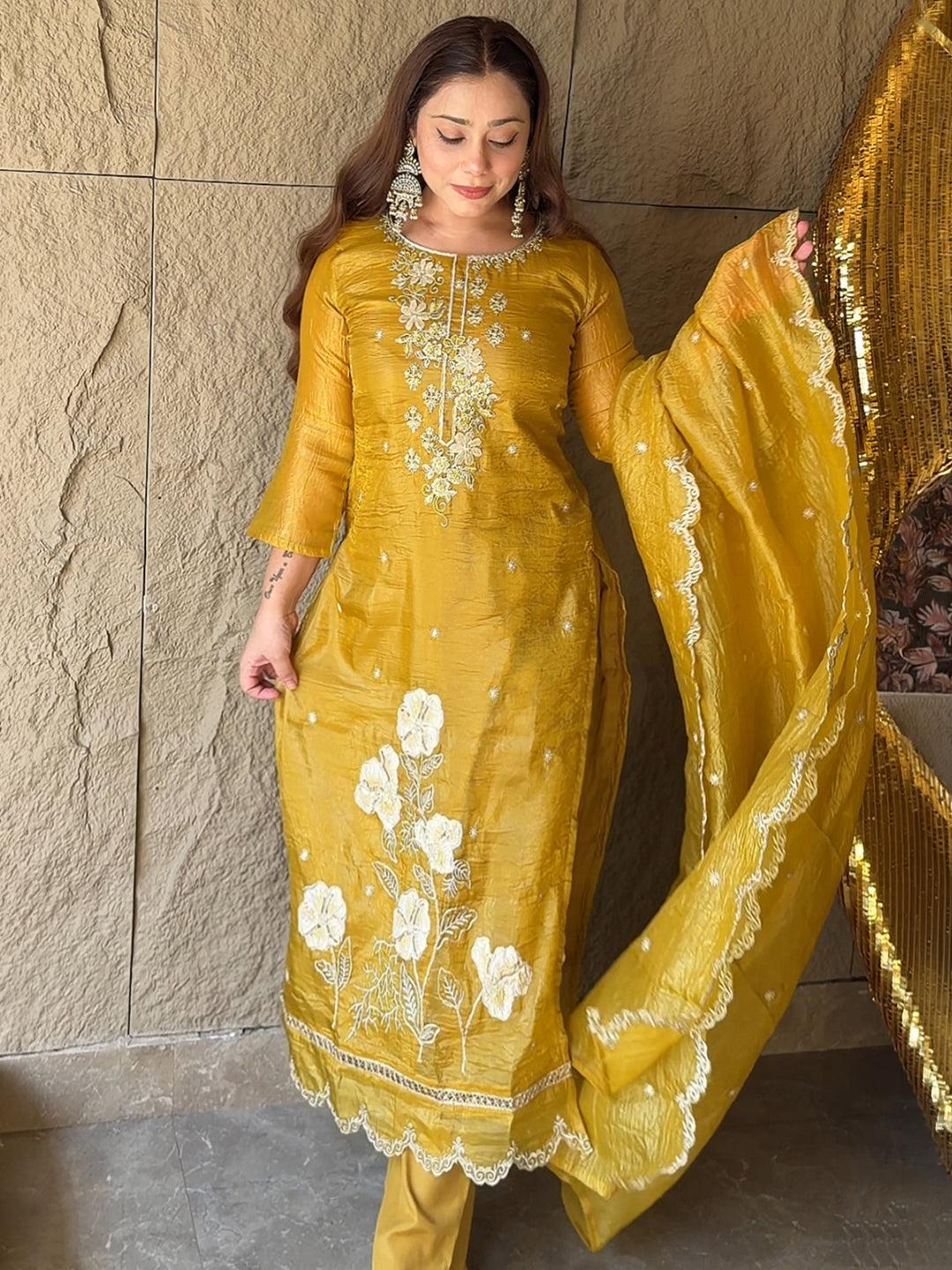  Mustard Embroidered Organza Straight Suit Set With Dupatta 