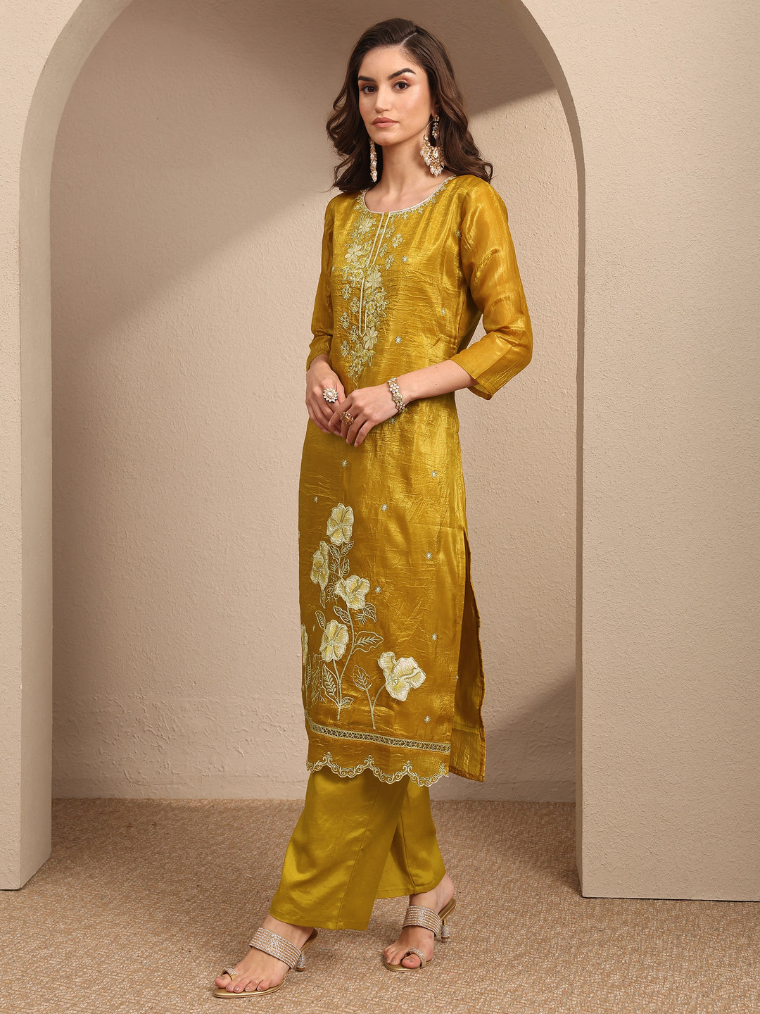  Mustard Embroidered Organza Straight Suit Set With Dupatta 