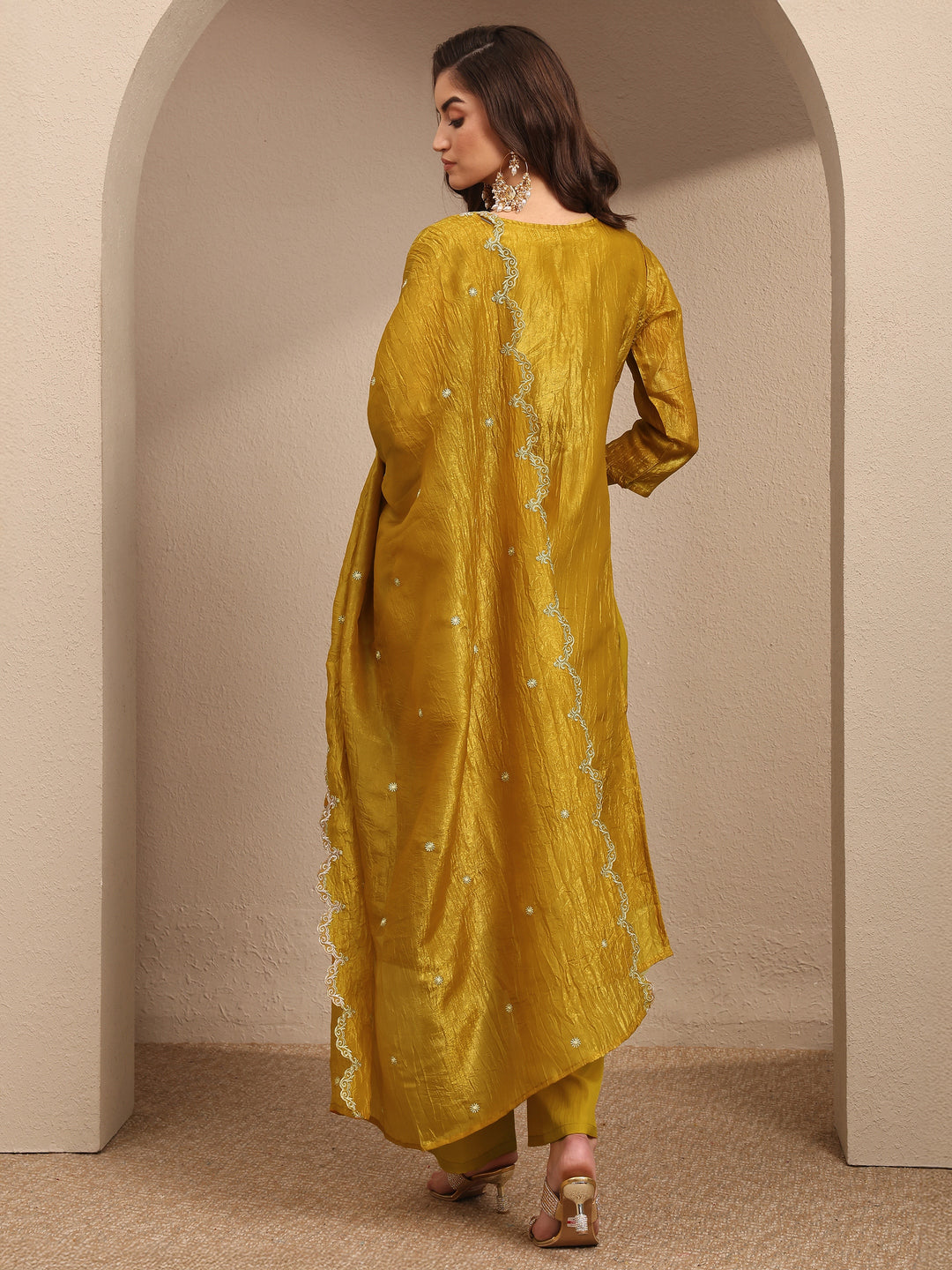  Mustard Embroidered Organza Straight Suit Set With Dupatta 