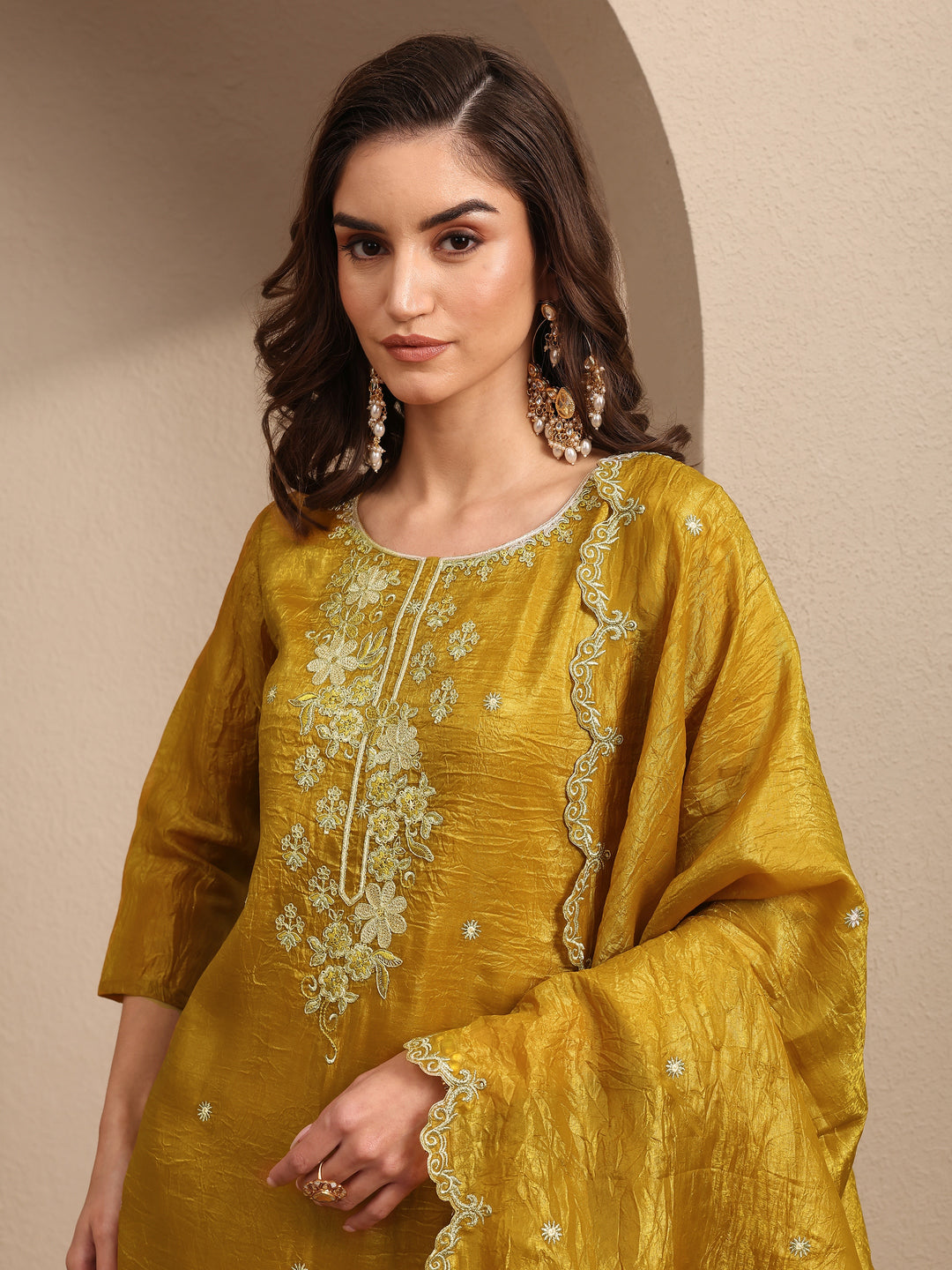  Mustard Embroidered Organza Straight Suit Set With Dupatta 