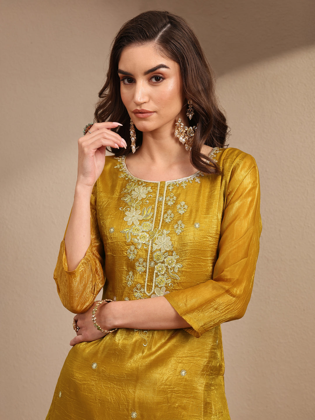  Mustard Embroidered Organza Straight Suit Set With Dupatta 