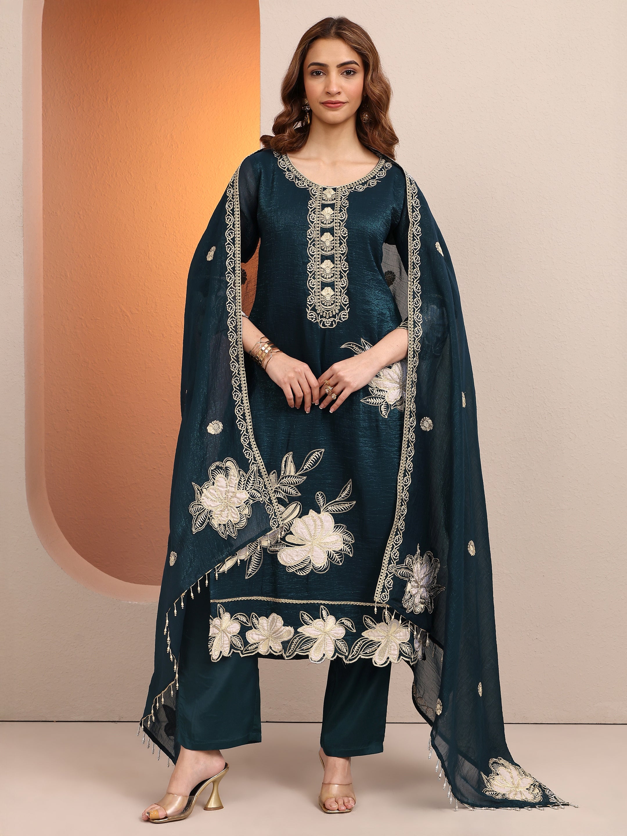 libas Teal Embroidered Chinon Straight Suit Set With Dupatta-picture-35