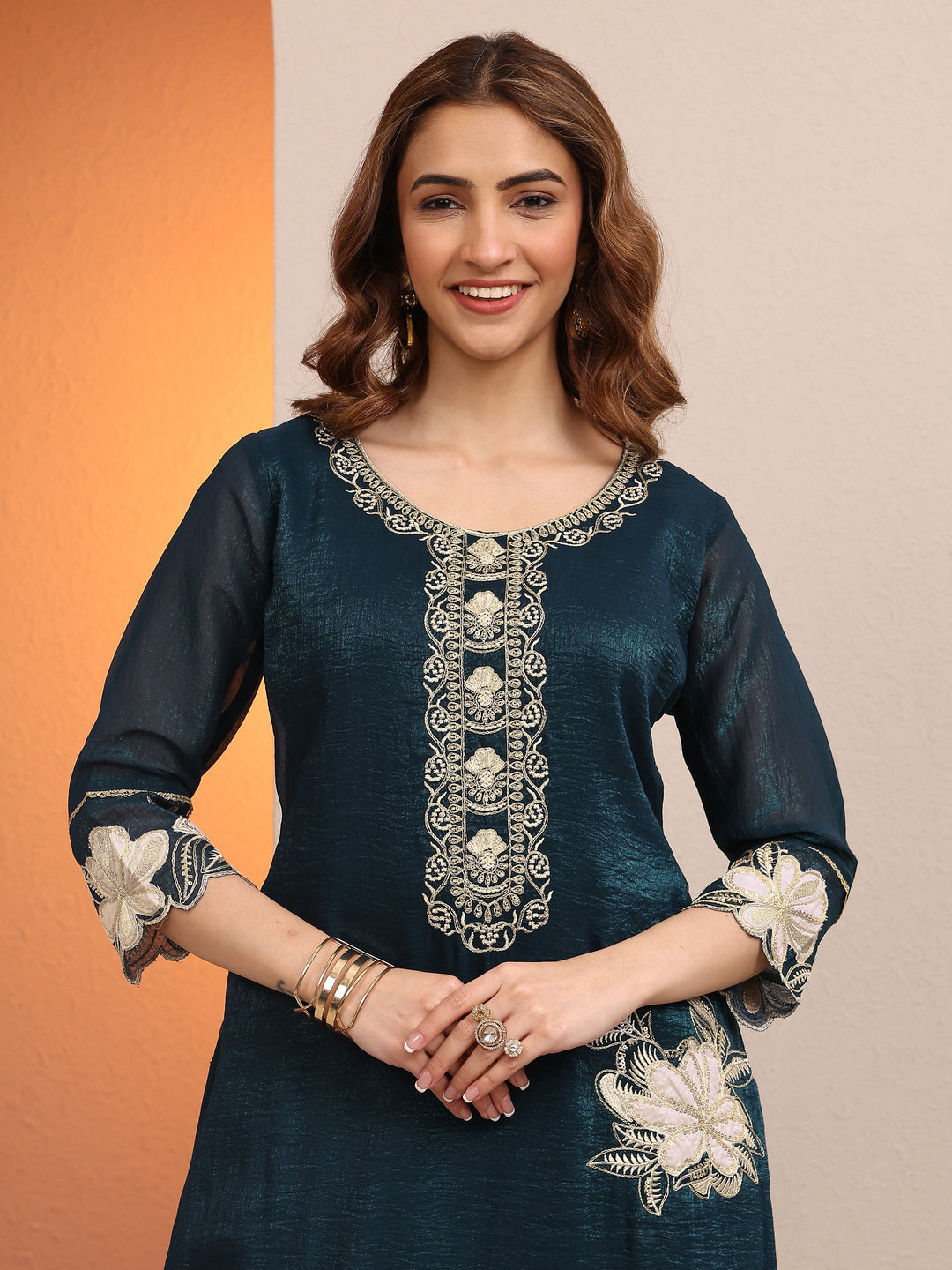  Teal Embroidered Chinon Straight Suit Set With Dupatta 