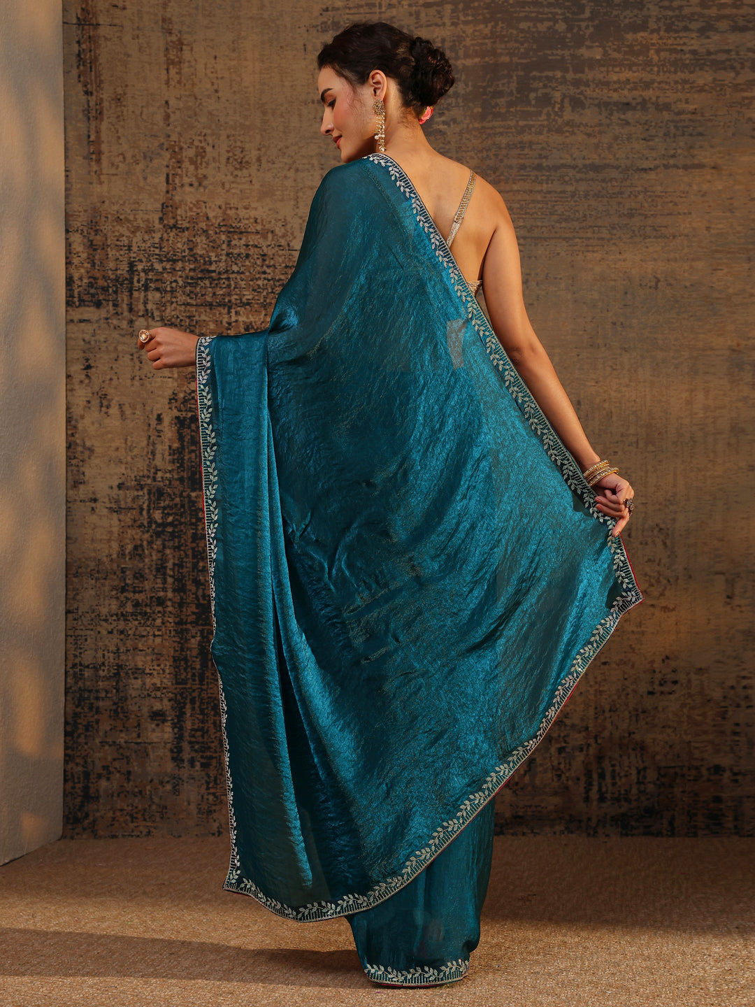  Blue Solid Satin Saree With Unstitched Blouse Piece 