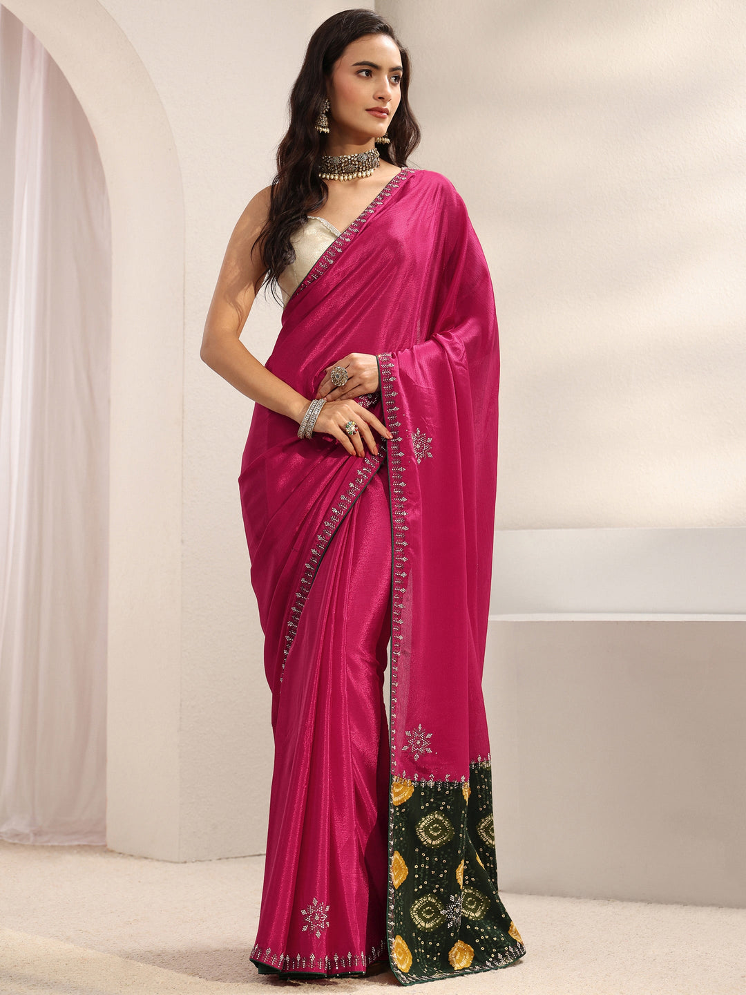  Libas Pink Embellished Border Chinon Saree With Unstitched Blouse Piece 