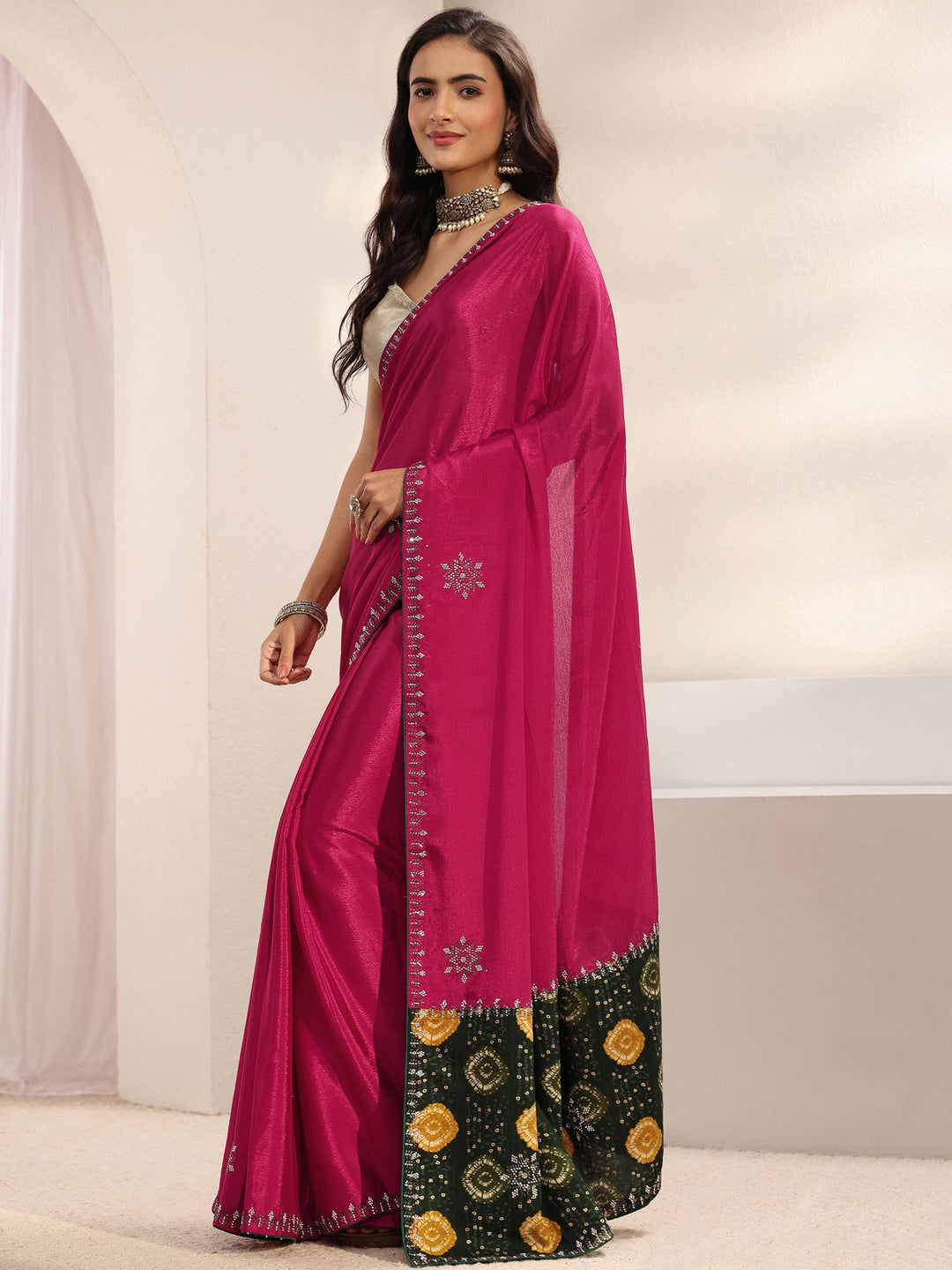  Libas Pink Embellished Border Chinon Saree With Unstitched Blouse Piece 