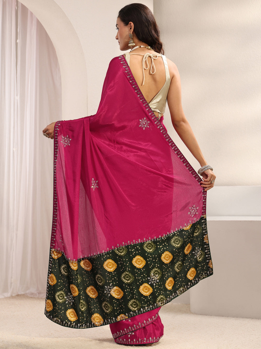  Libas Pink Embellished Border Chinon Saree With Unstitched Blouse Piece 