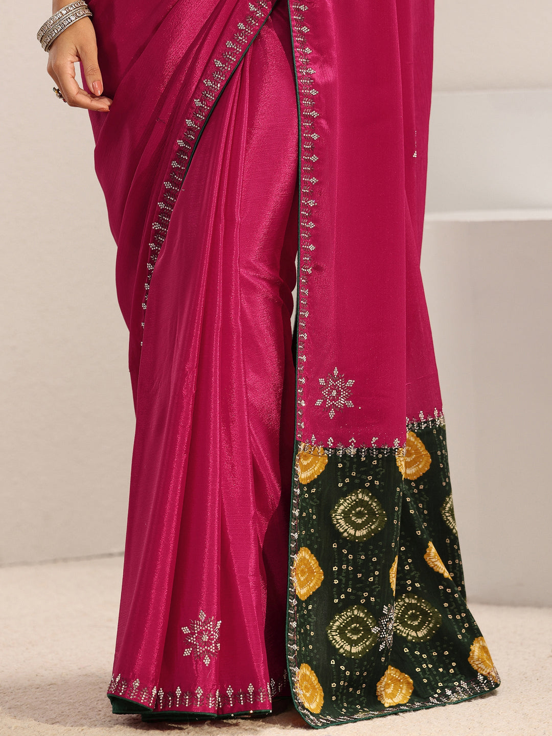  Libas Pink Embellished Border Chinon Saree With Unstitched Blouse Piece 