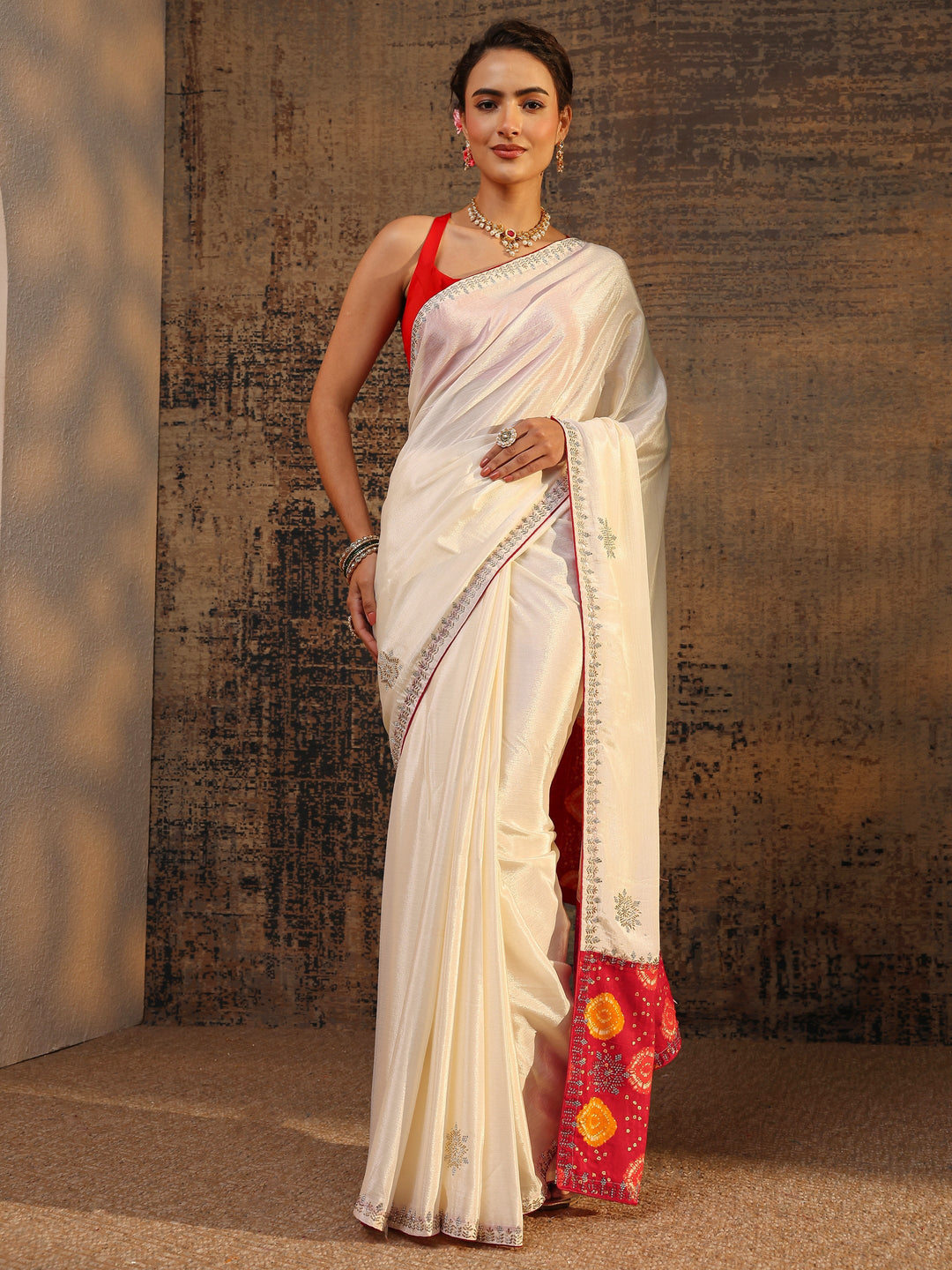  Cream Embellished Silk Blend Saree With Unstitched Blouse Piece 