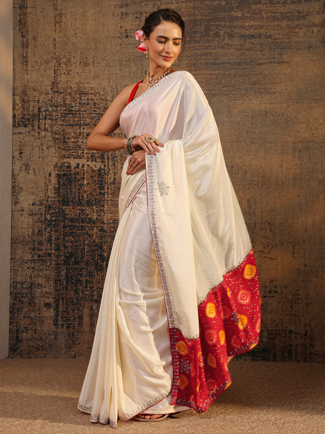  Cream Embellished Silk Blend Saree With Unstitched Blouse Piece 