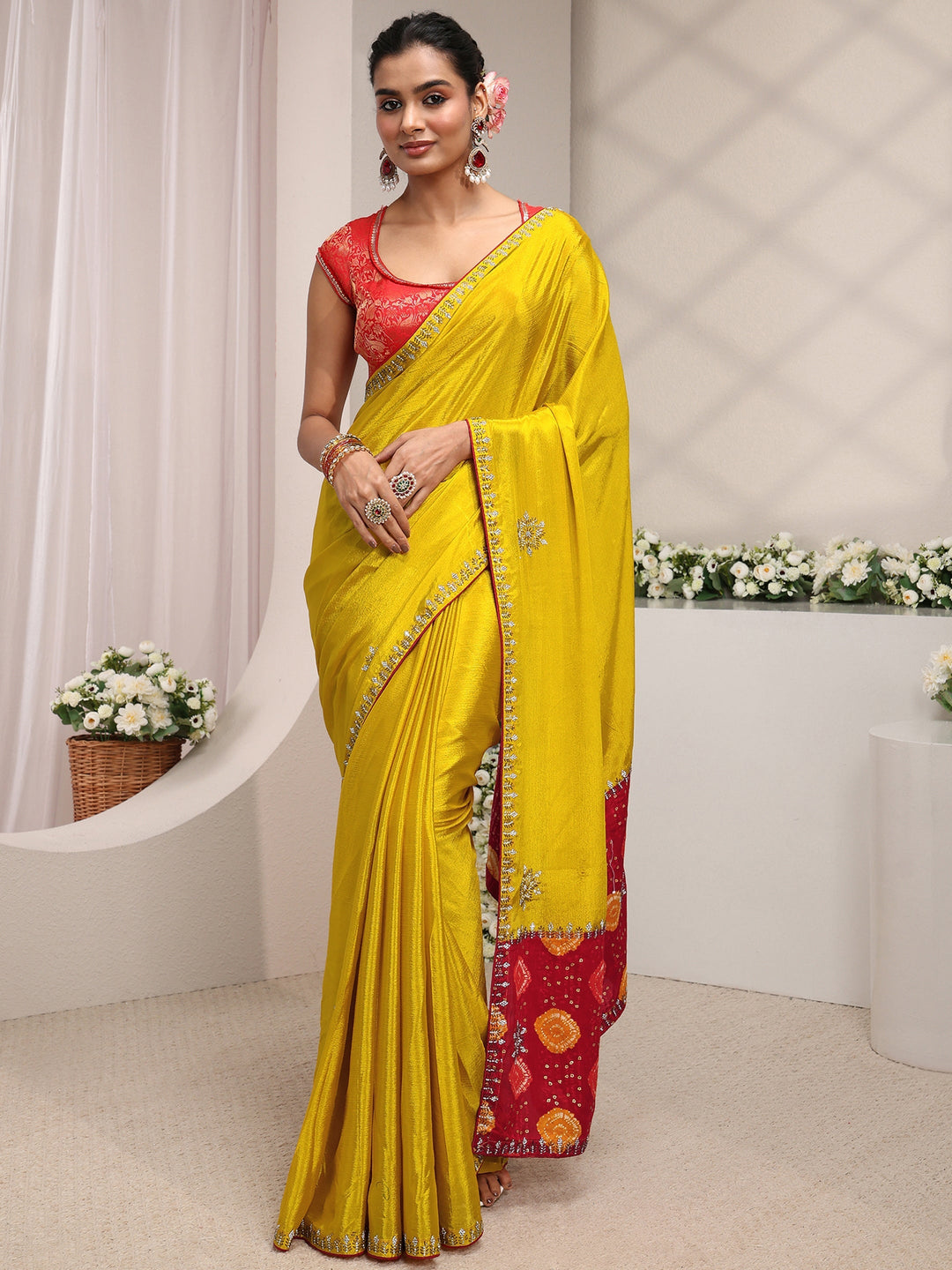  Libas Mustard Embellished Chinon Saree With Unstitched Blouse Piece 