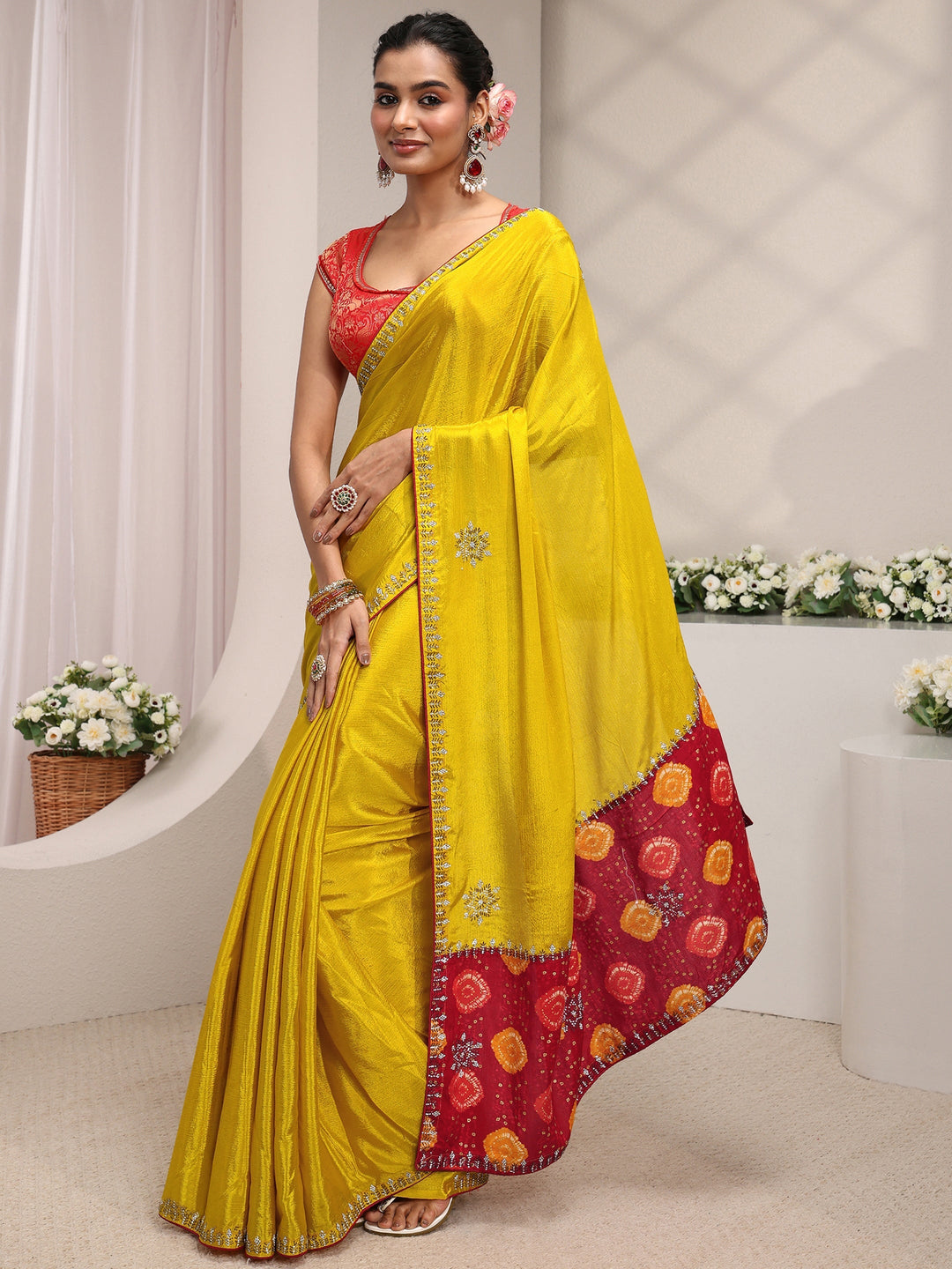  Libas Mustard Embellished Chinon Saree With Unstitched Blouse Piece 