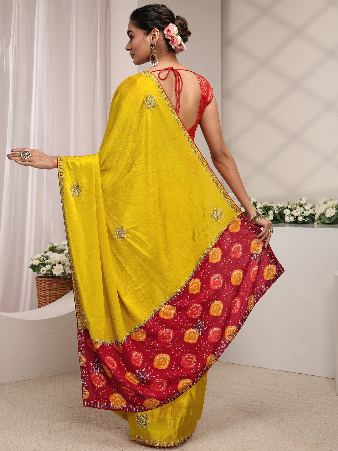  Libas Mustard Embellished Chinon Saree With Unstitched Blouse Piece 