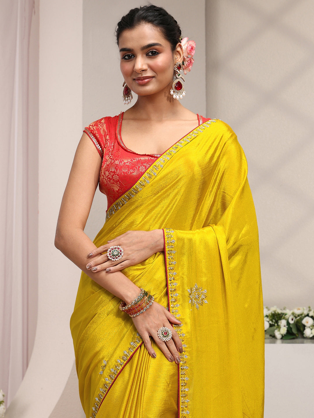  Libas Mustard Embellished Chinon Saree With Unstitched Blouse Piece 
