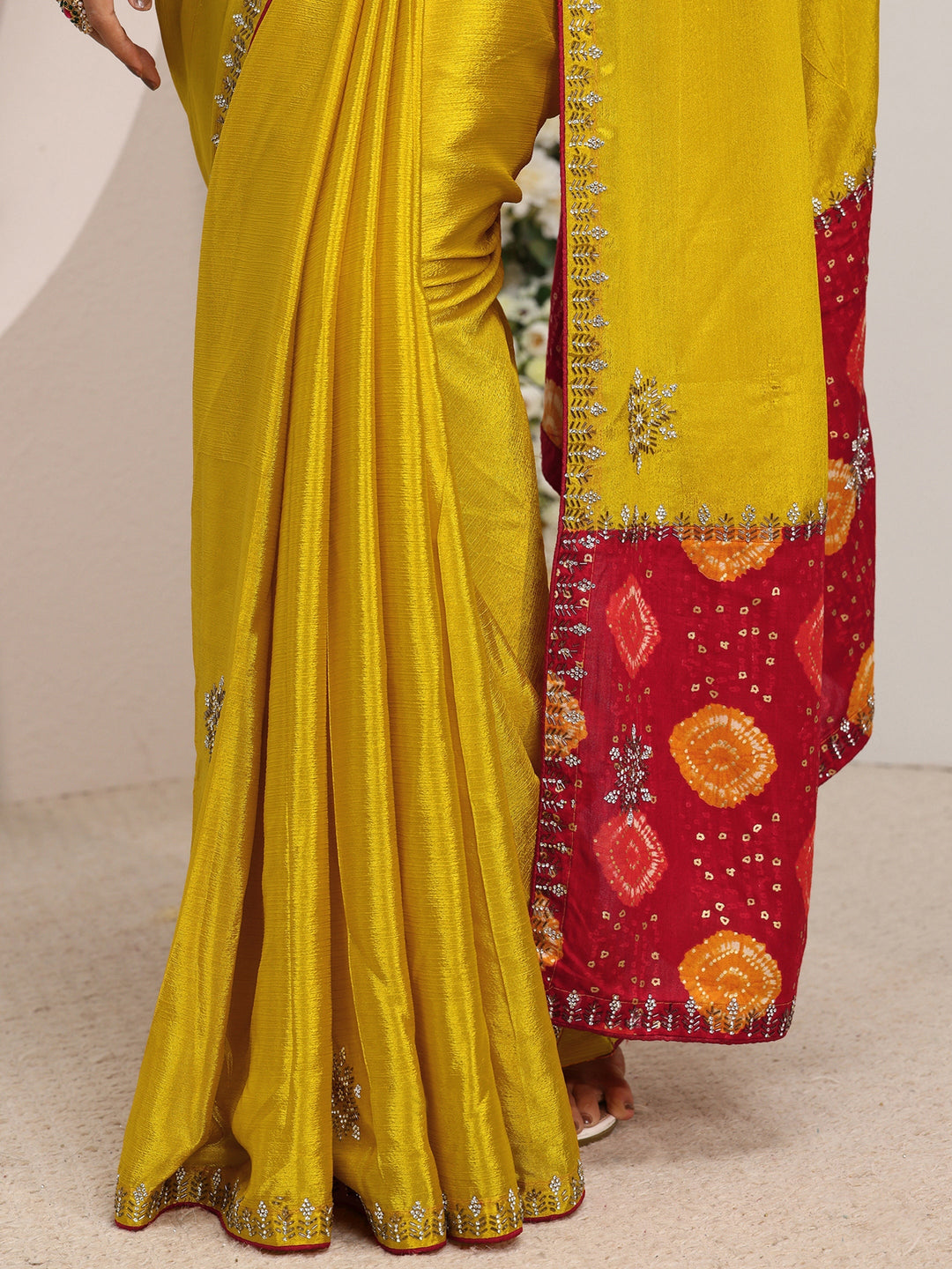  Libas Mustard Embellished Chinon Saree With Unstitched Blouse Piece 