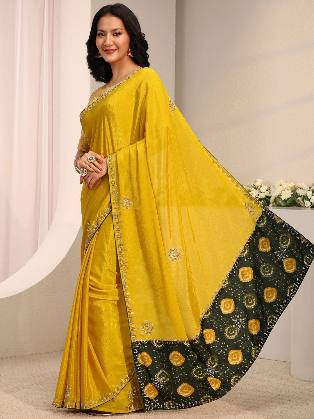  Libas Mustard Embellished Chinon Saree With Unstitched Blouse Piece 