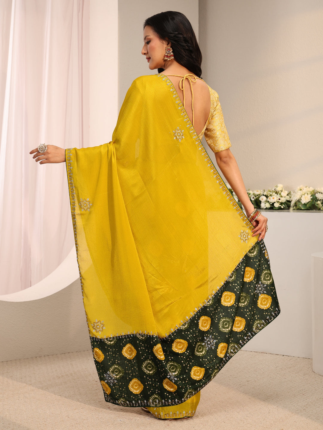  Libas Mustard Embellished Chinon Saree With Unstitched Blouse Piece 