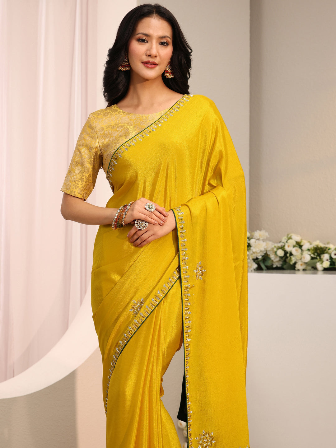  Libas Mustard Embellished Chinon Saree With Unstitched Blouse Piece 
