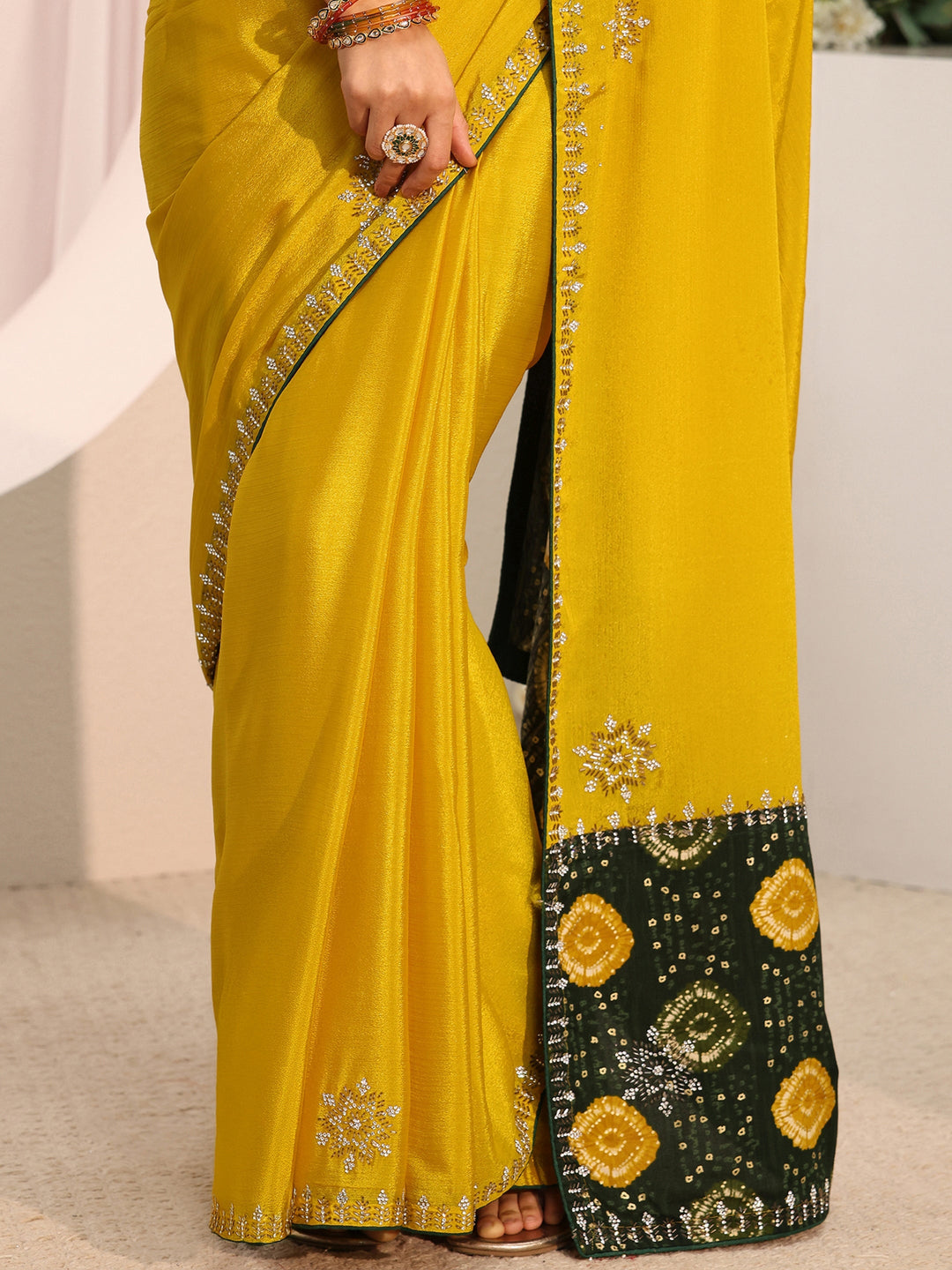  Libas Mustard Embellished Chinon Saree With Unstitched Blouse Piece 