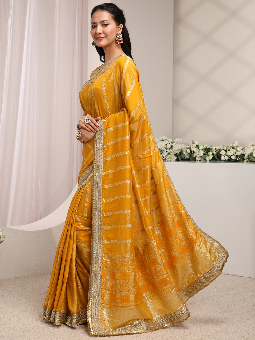  Mustard Striped Woven Design Chiffon Saree With Unstitched Blouse Piece 
